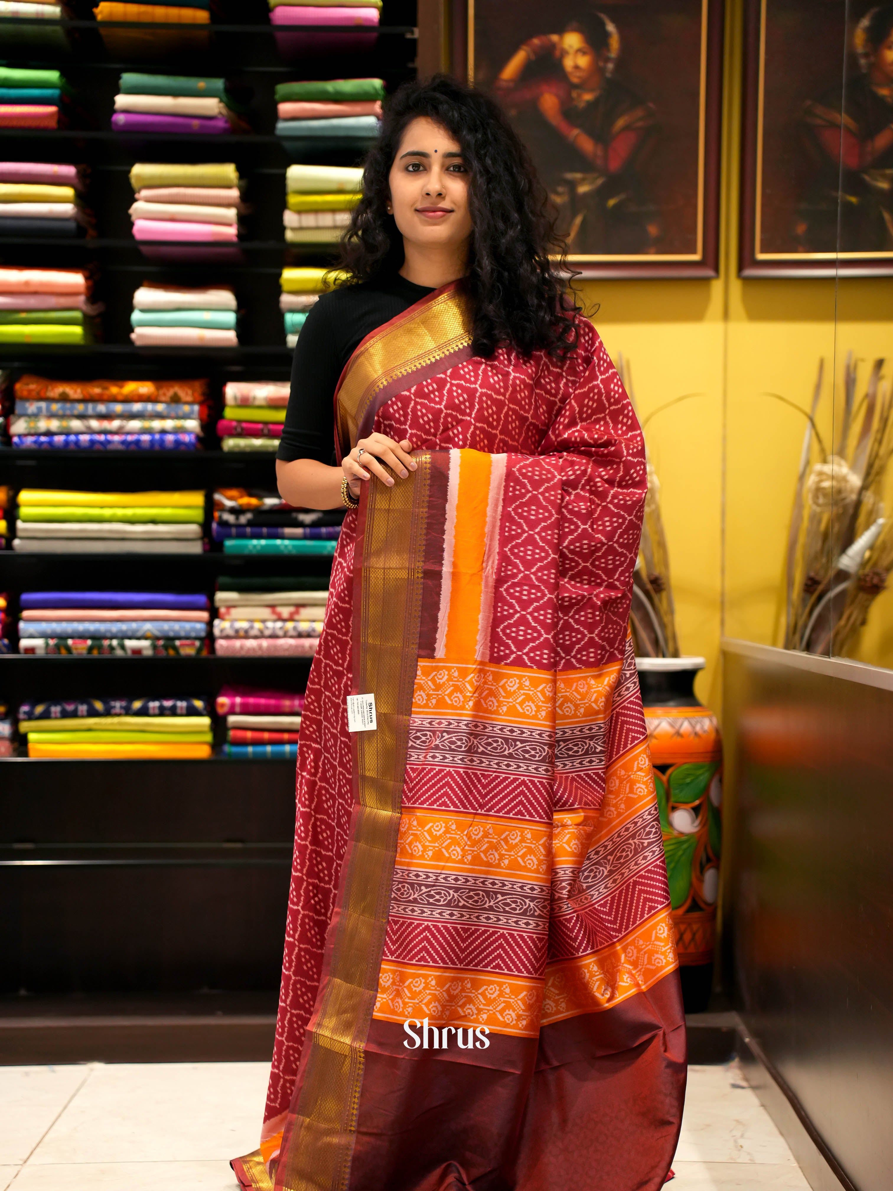 Maroon & Brown - Semi Patola Saree - Shop on ShrusEternity.com