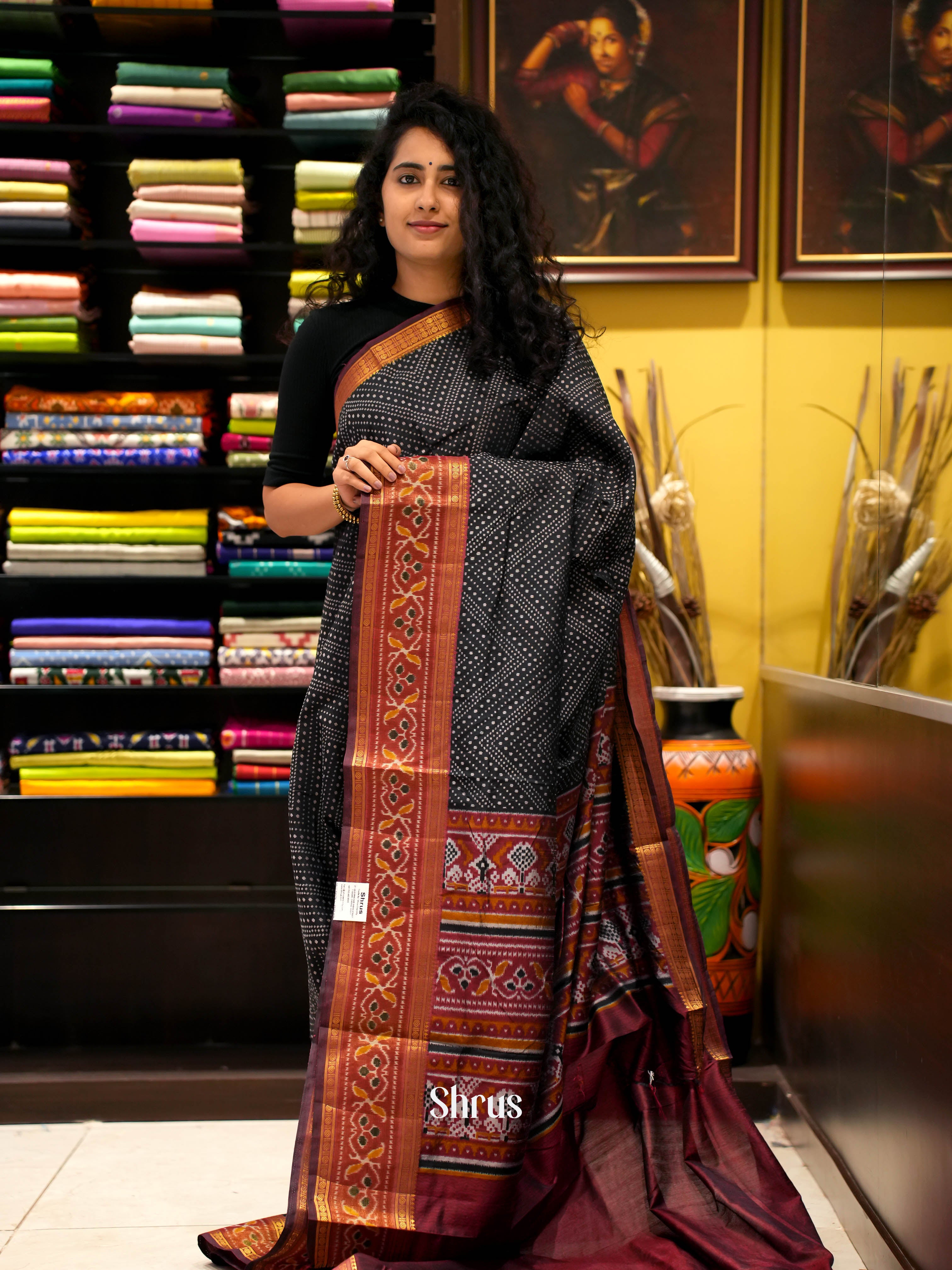 black & Maroon- Semi Patola Saree - Shop on ShrusEternity.com