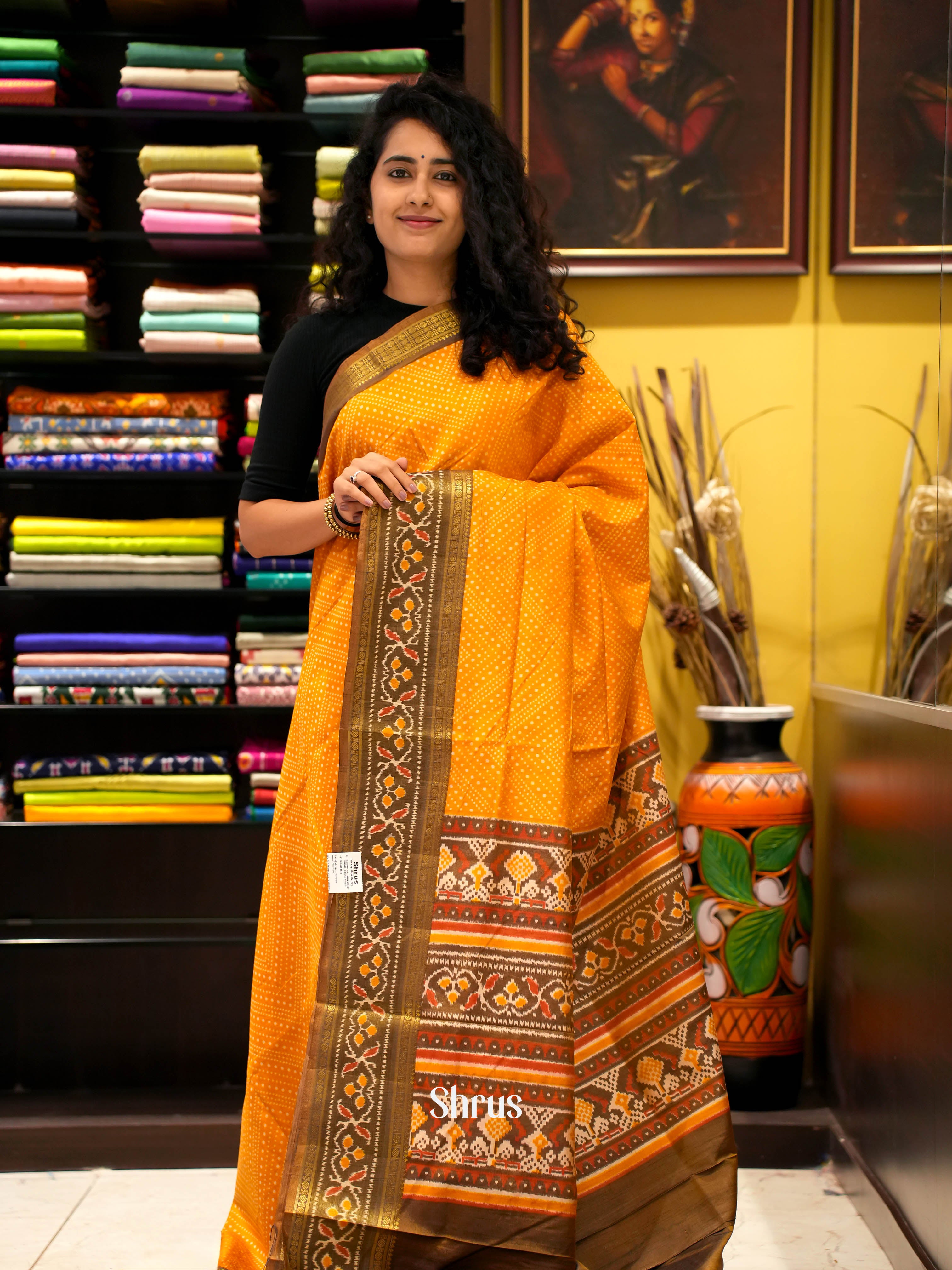 Mustard & Mehandi - Semi Patola Saree - Shop on ShrusEternity.com