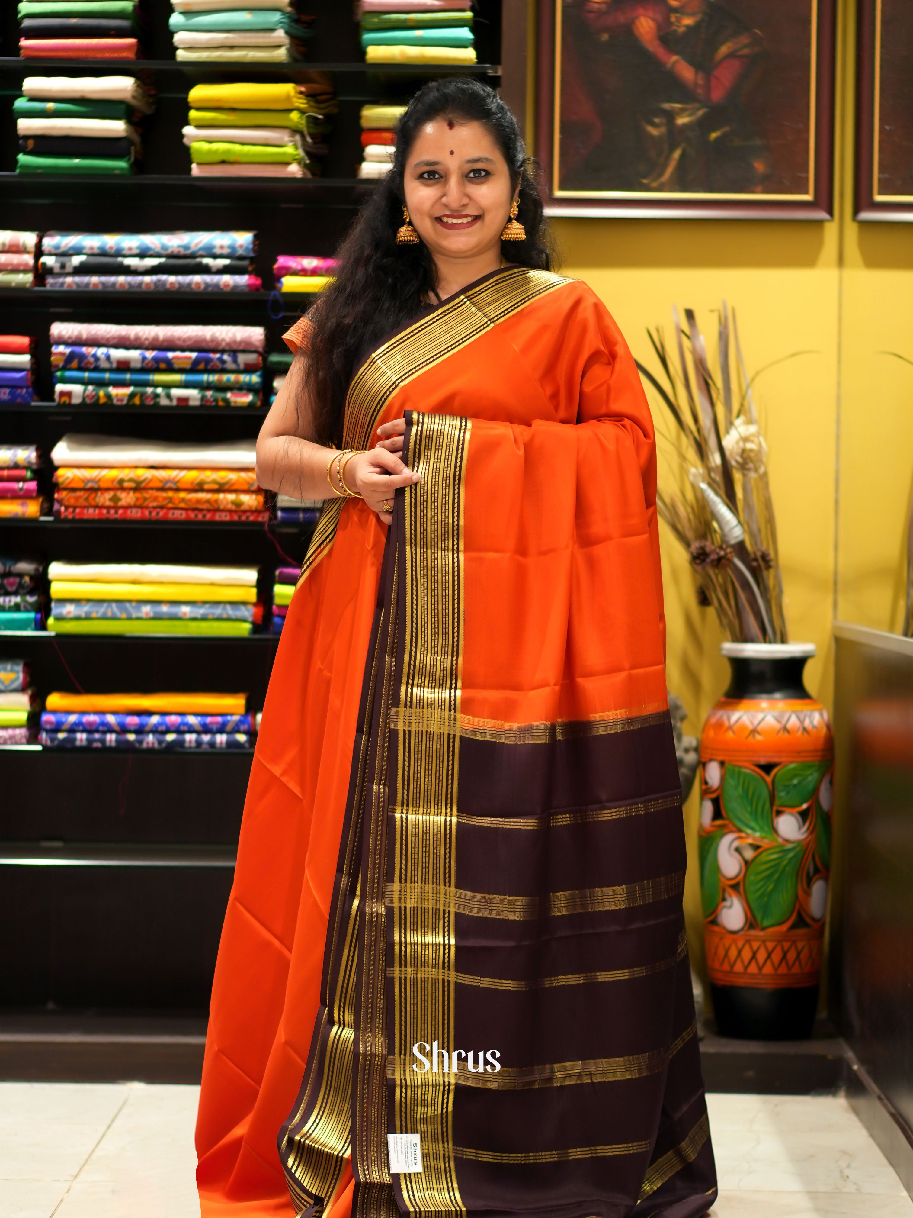 Orange & Brown - Mysore Silk Saree - Shop on ShrusEternity.com