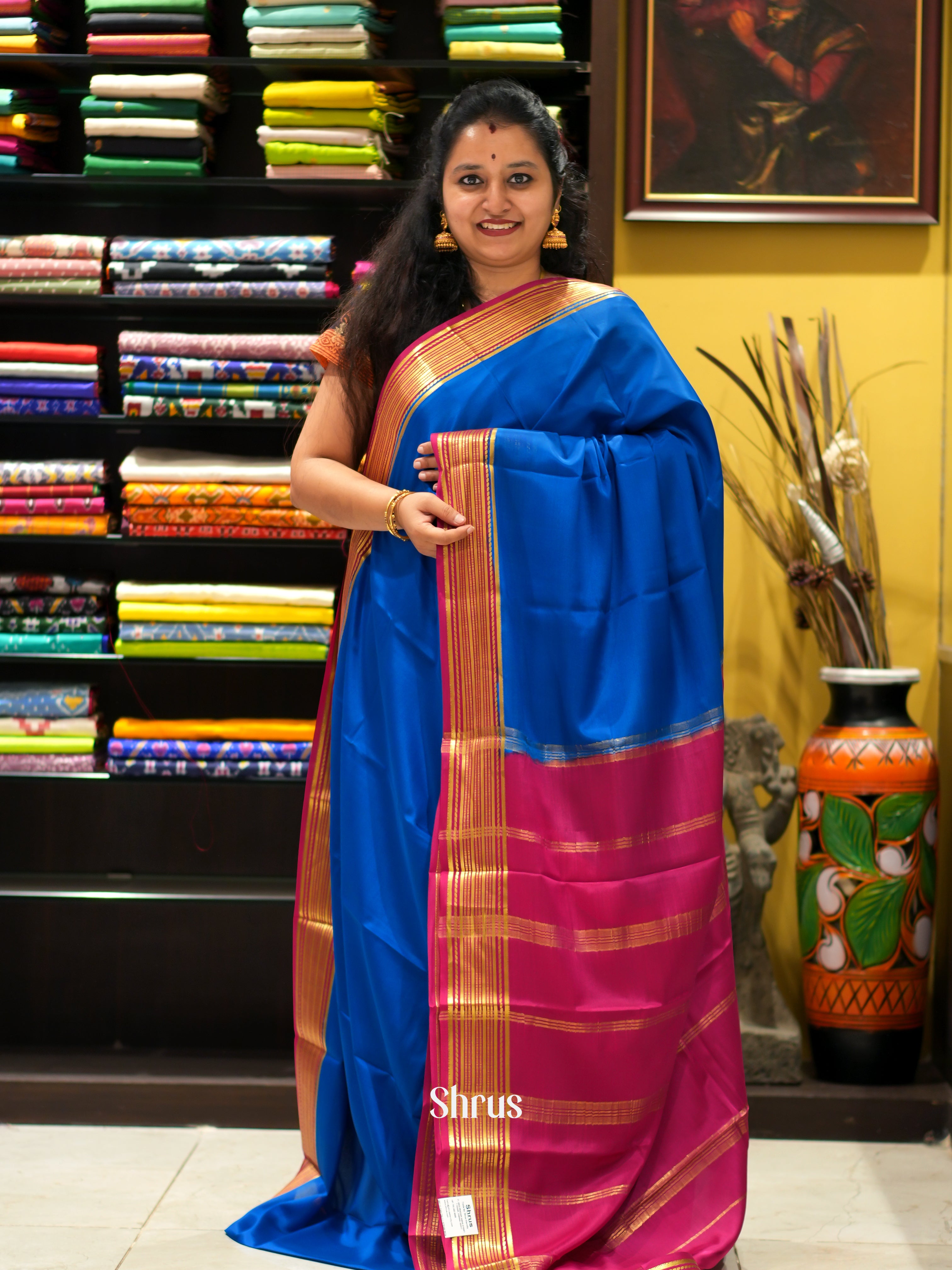 Blue & Majenta - Mysore Silk Saree - Shop on ShrusEternity.com