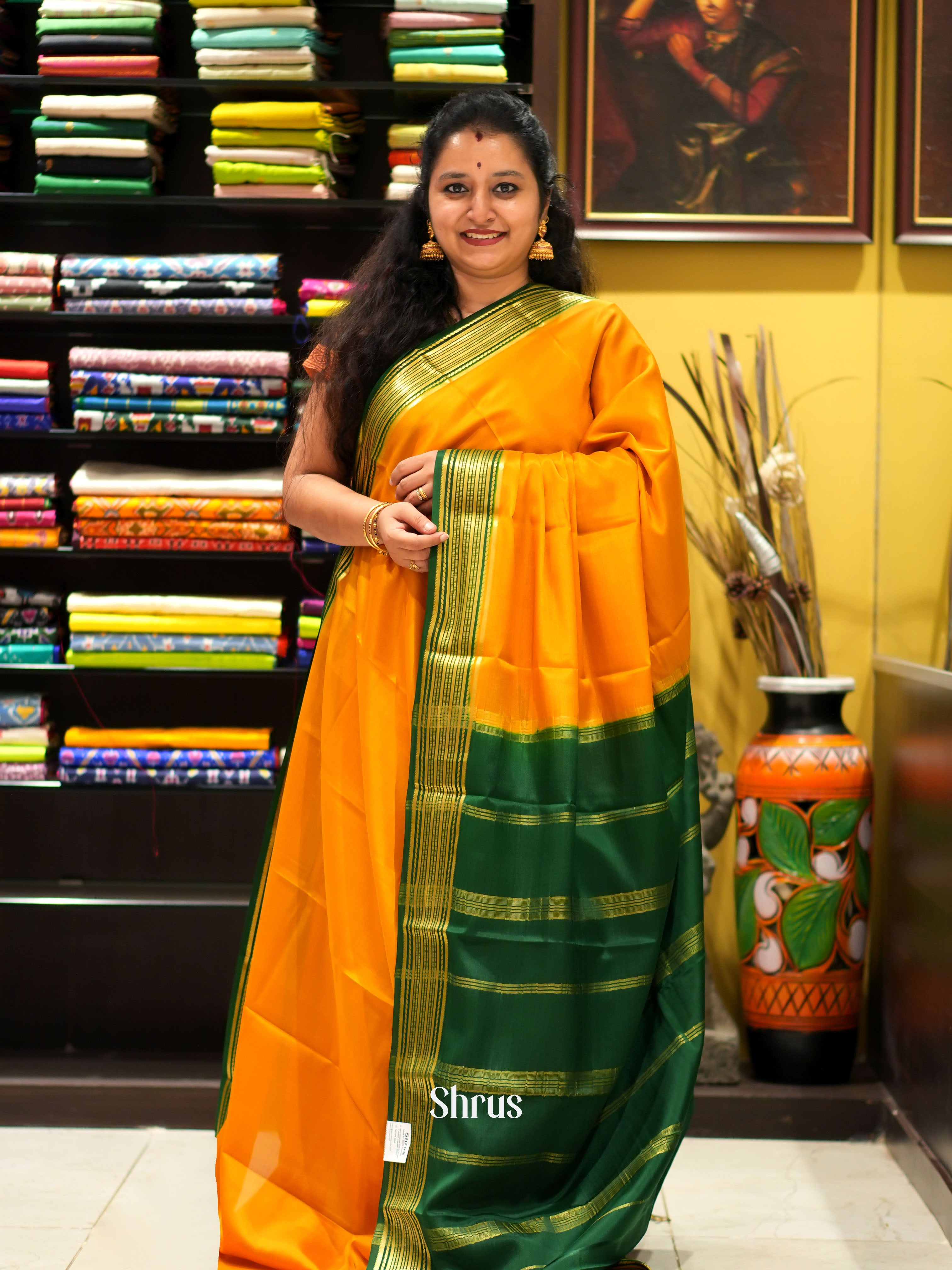 Orange & Green - Mysore Silk Saree - Shop on ShrusEternity.com
