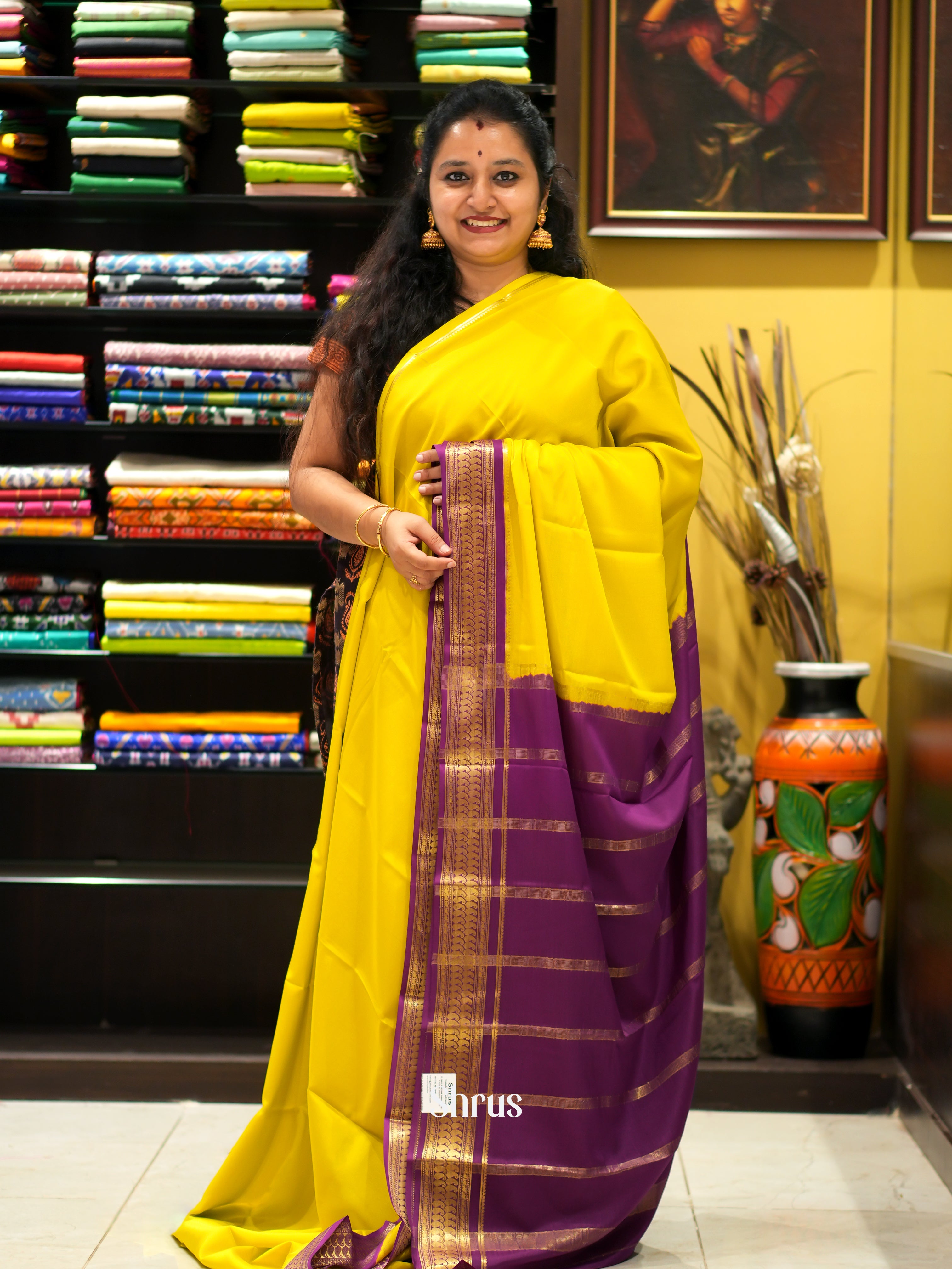 Yellow & Purple - Mysore Silk Saree - Shop on ShrusEternity.com