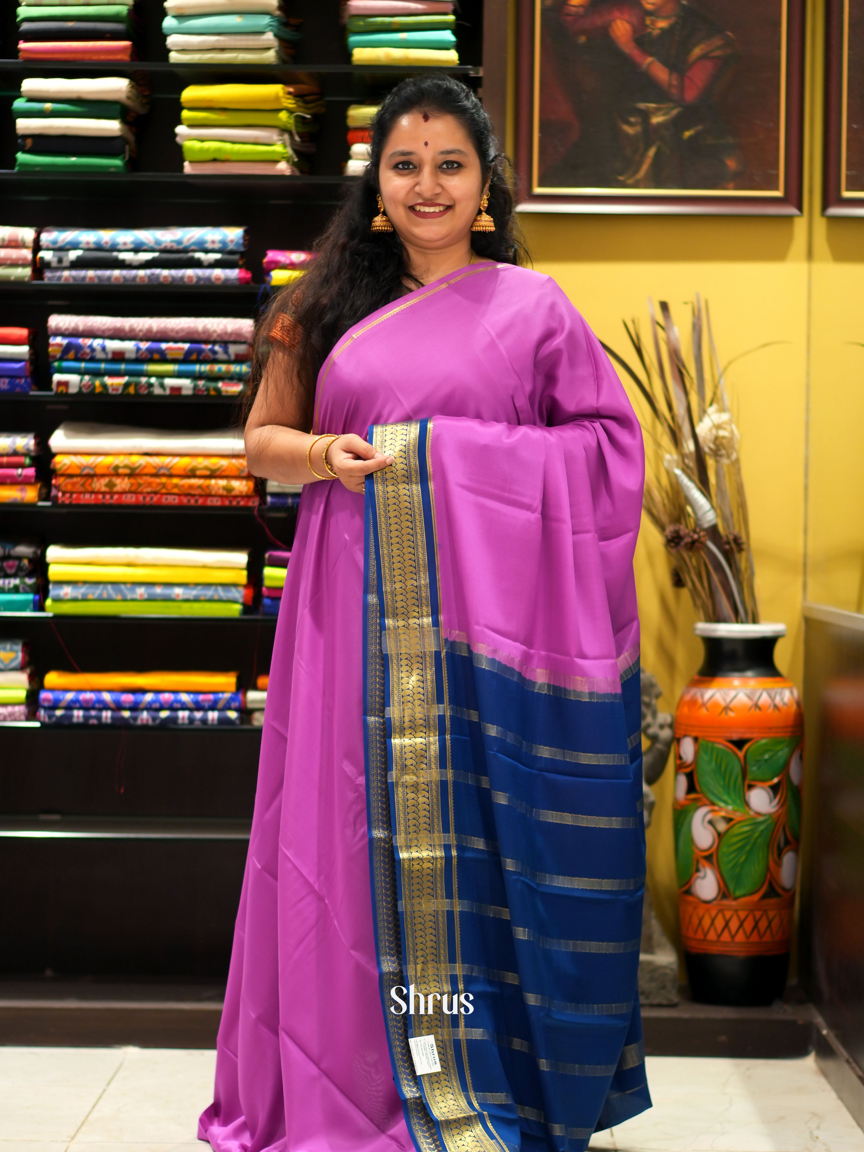 Pink & Blue - Mysore Silk Saree - Shop on ShrusEternity.com