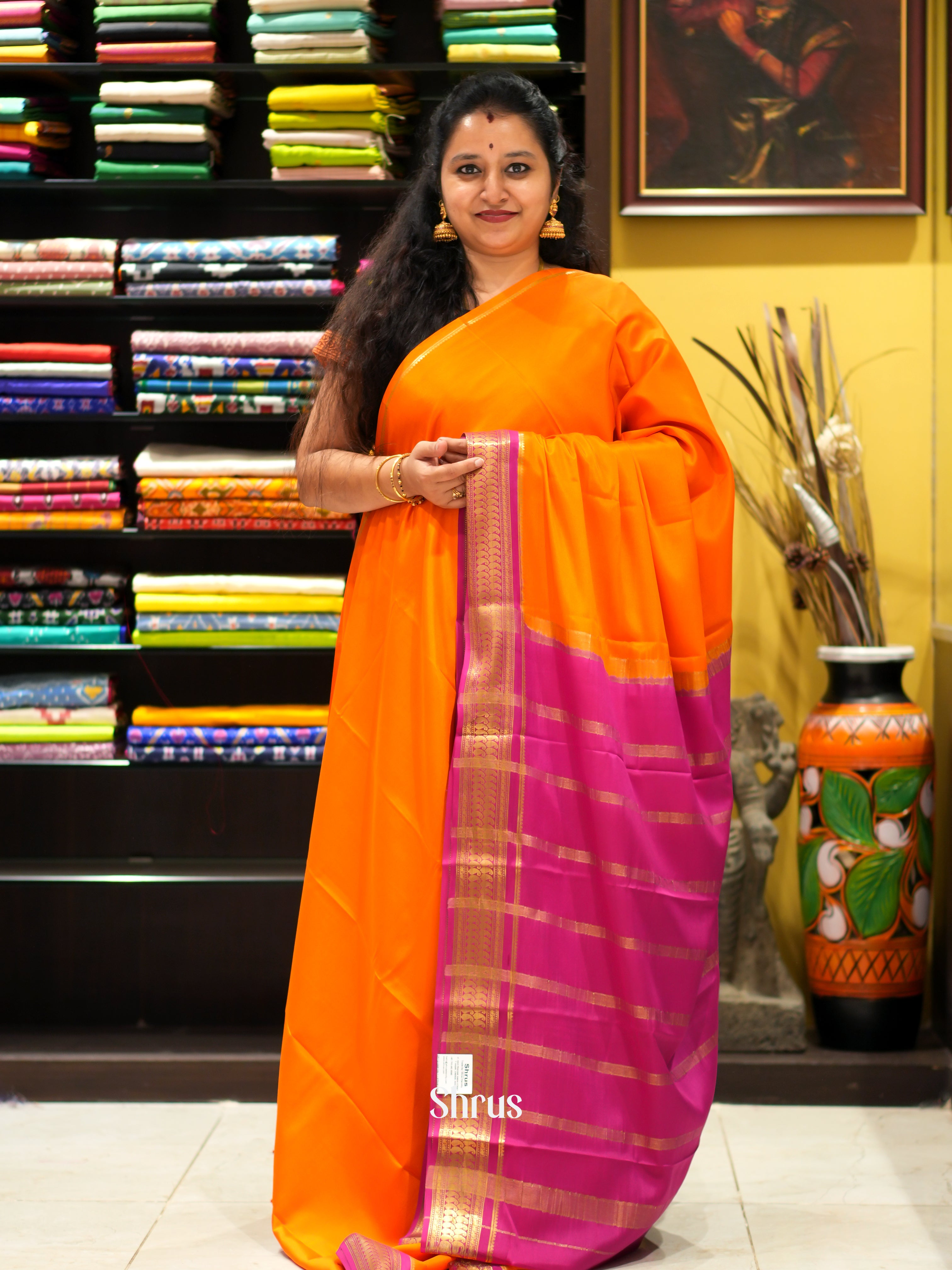 Orange & Pink - Mysore Silk Saree - Shop on ShrusEternity.com