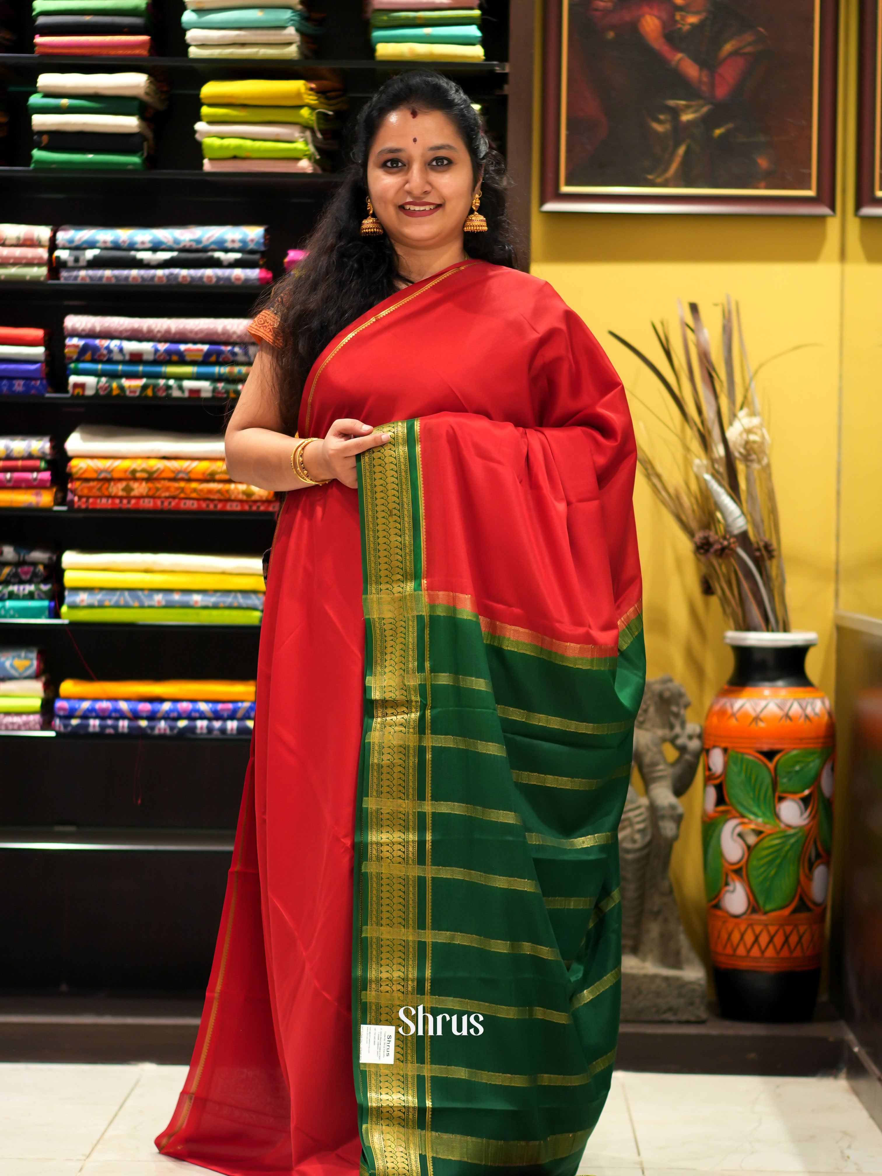 Red & green - Mysore Silk Saree - Shop on ShrusEternity.com