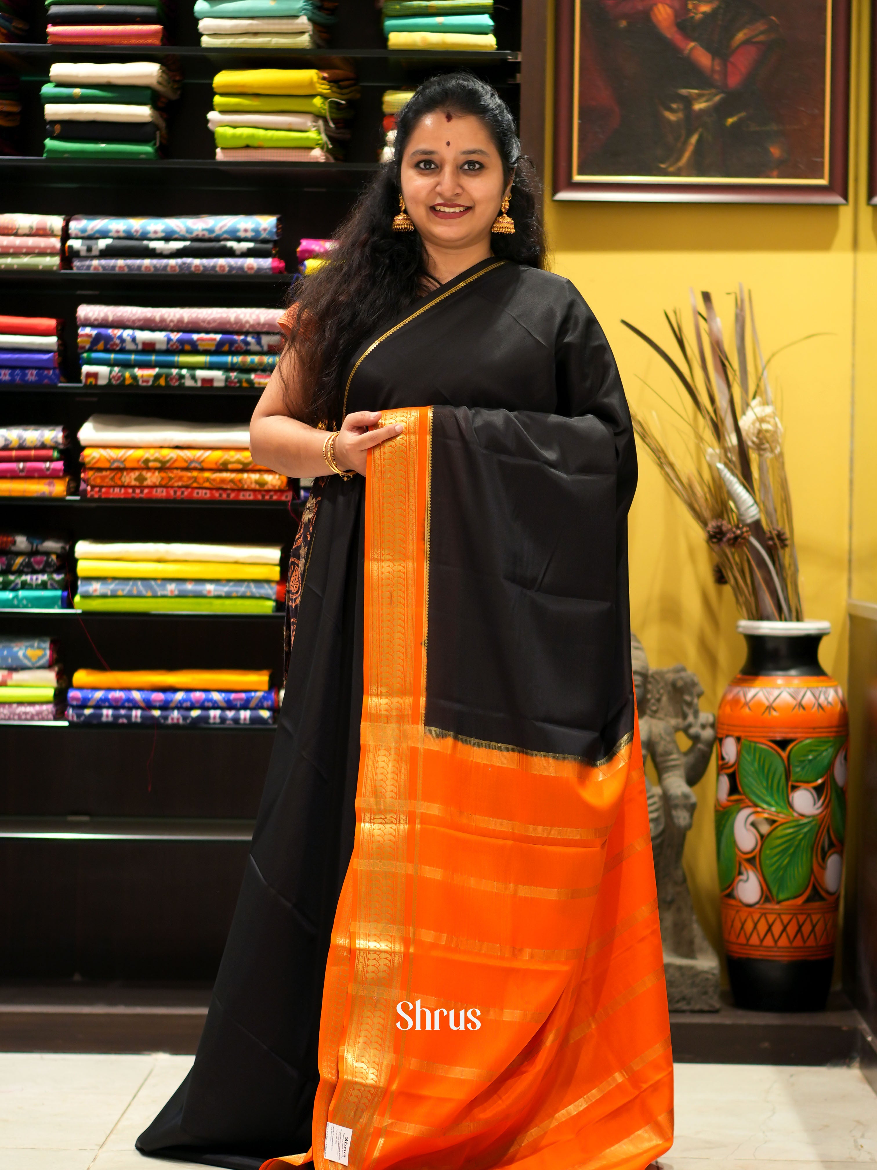 Black & Orange - Mysore Silk Saree - Shop on ShrusEternity.com