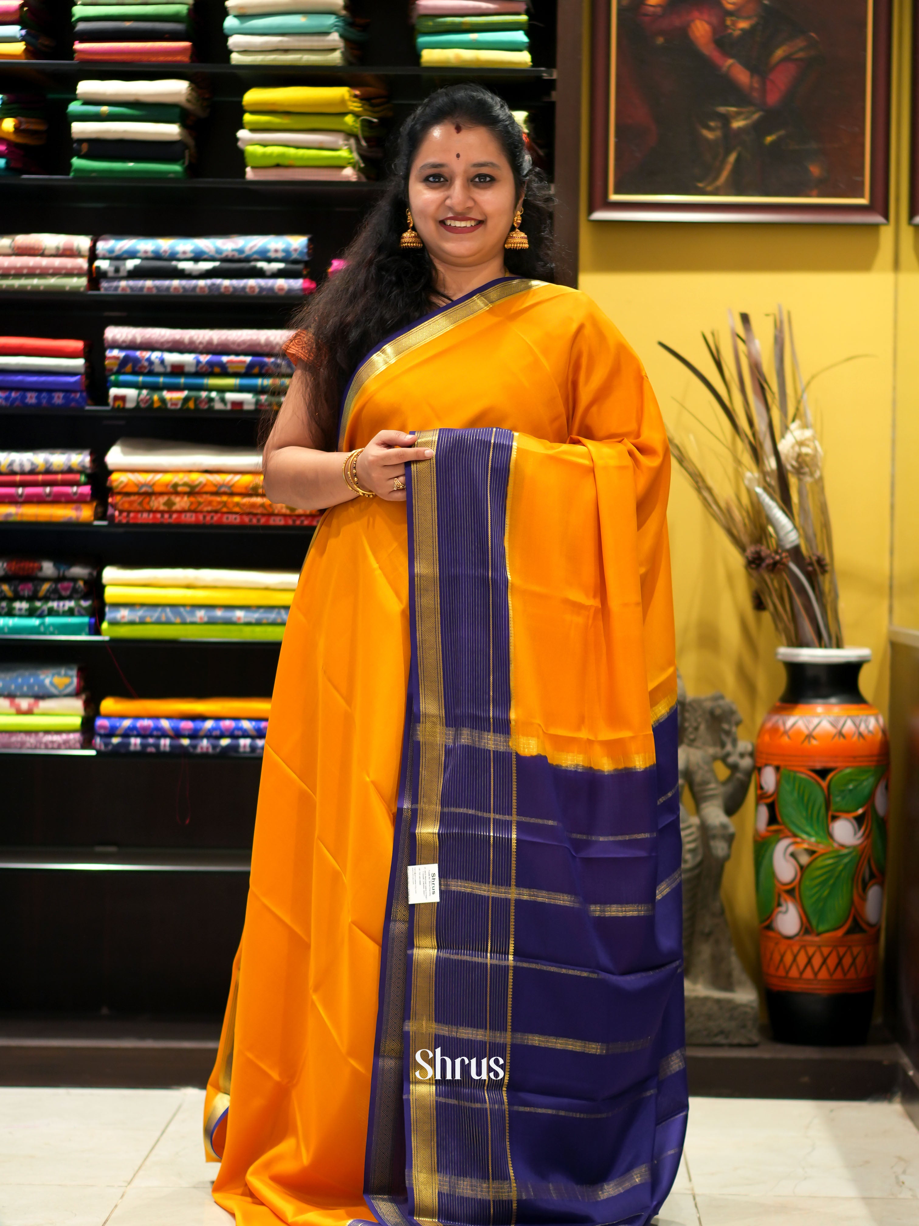 Orange & Blue- Mysore Silk Saree - Shop on ShrusEternity.com