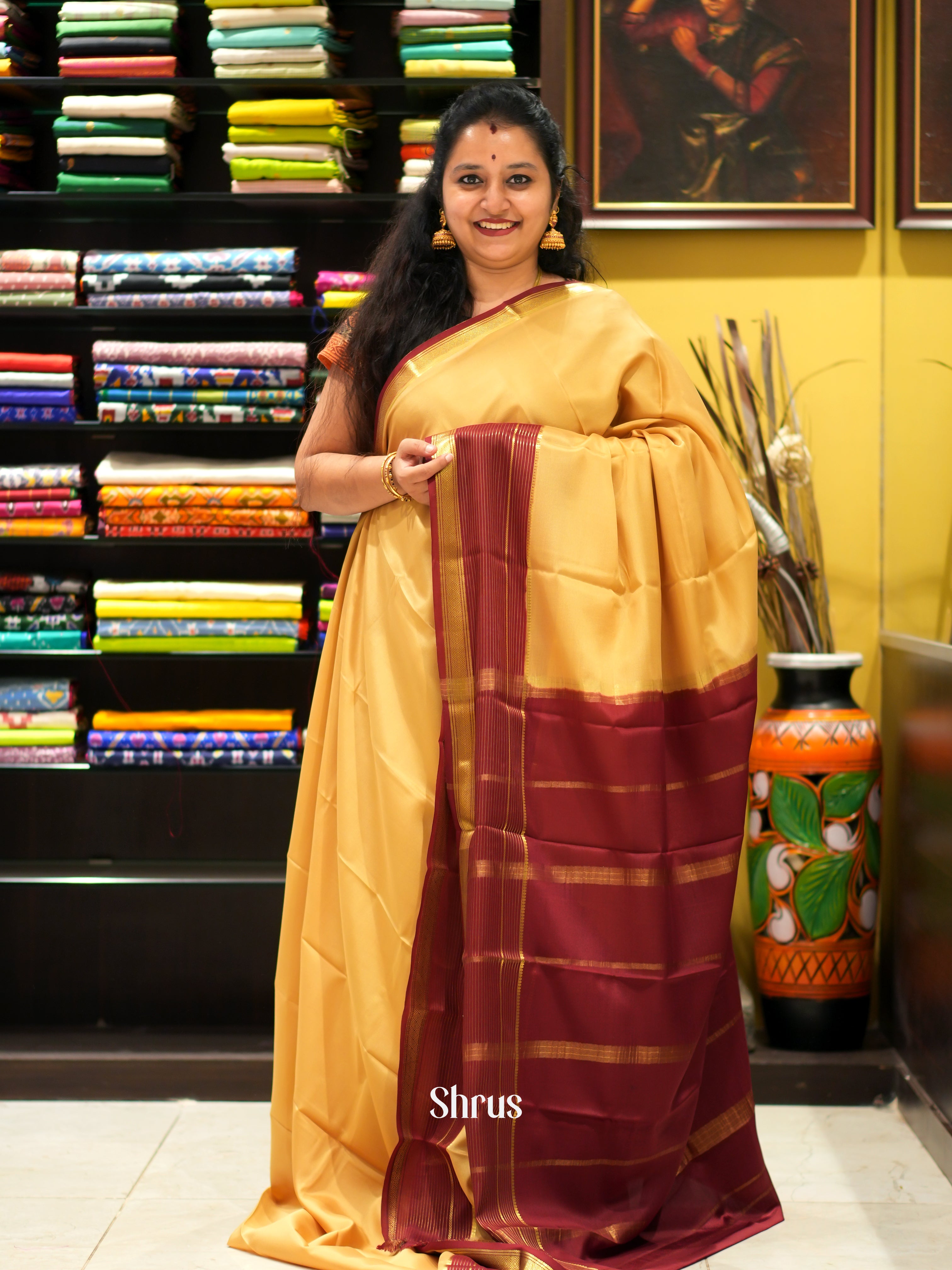 Sandal & Maroon - Mysore Silk Saree - Shop on ShrusEternity.com