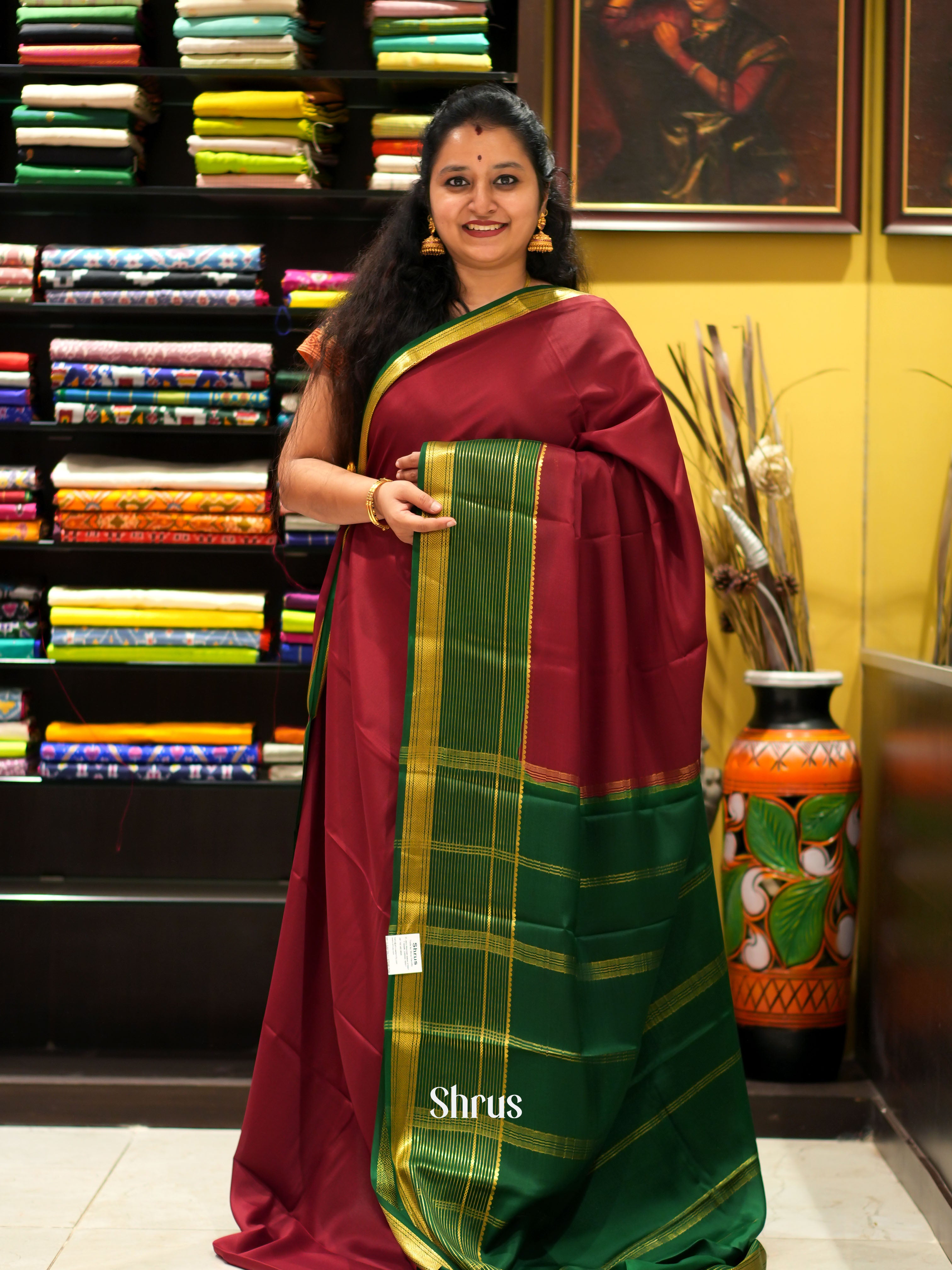 Maroon & Green- Mysore Silk Saree - Shop on ShrusEternity.com