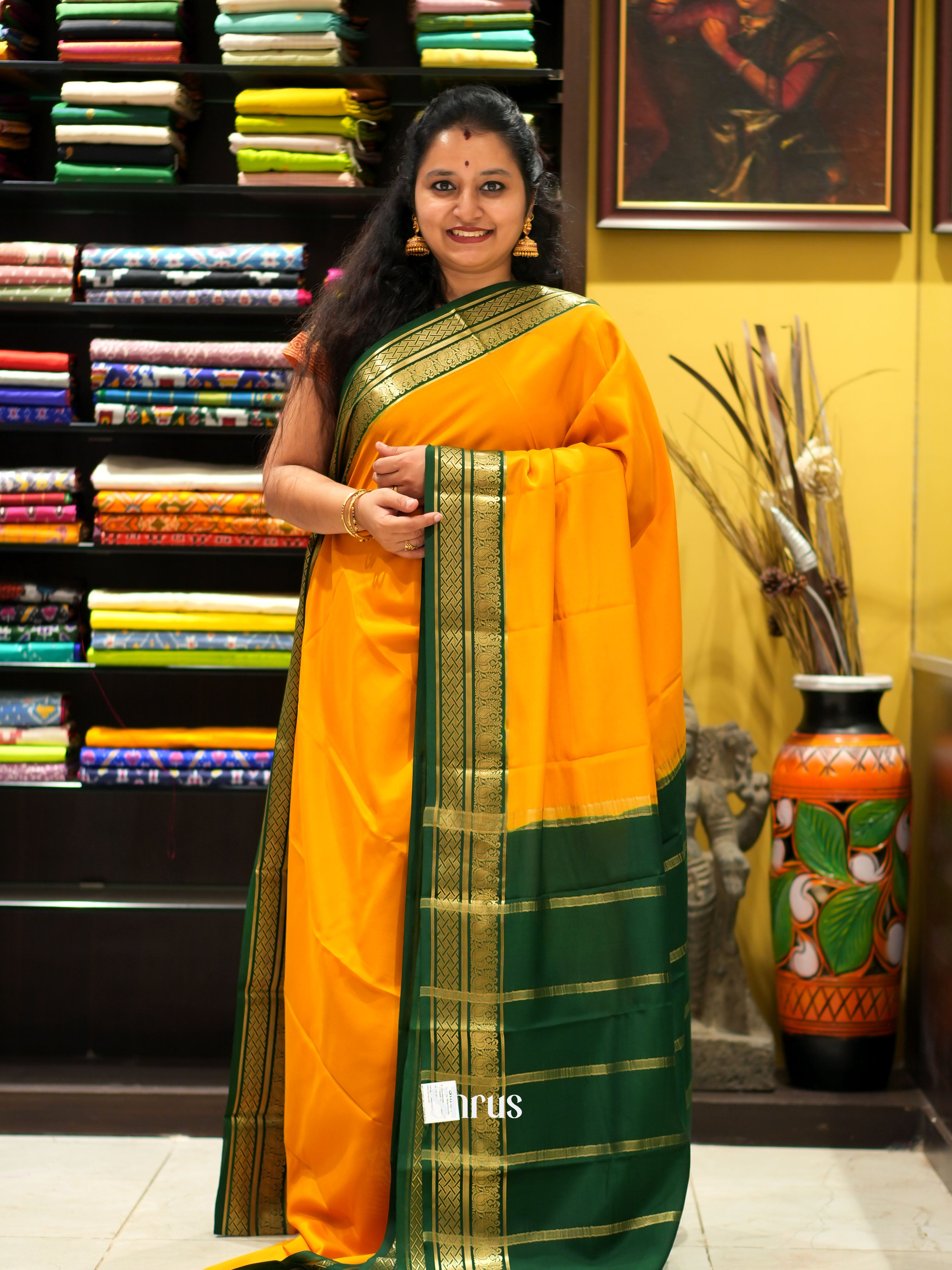 Mambazha Yellow & Green - Mysore Silk Saree - Shop on ShrusEternity.com