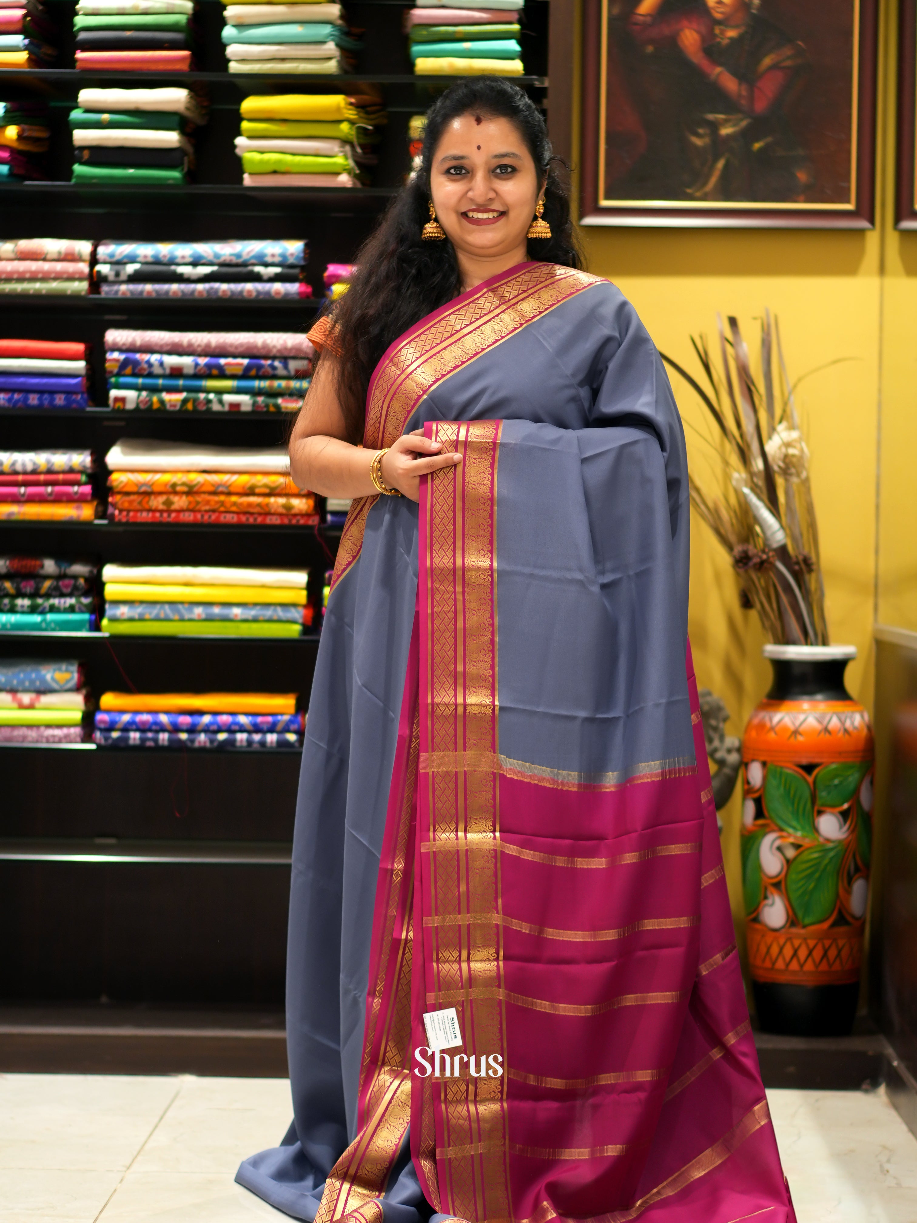 Grey & Maroon - Mysore Silk Saree - Shop on ShrusEternity.com