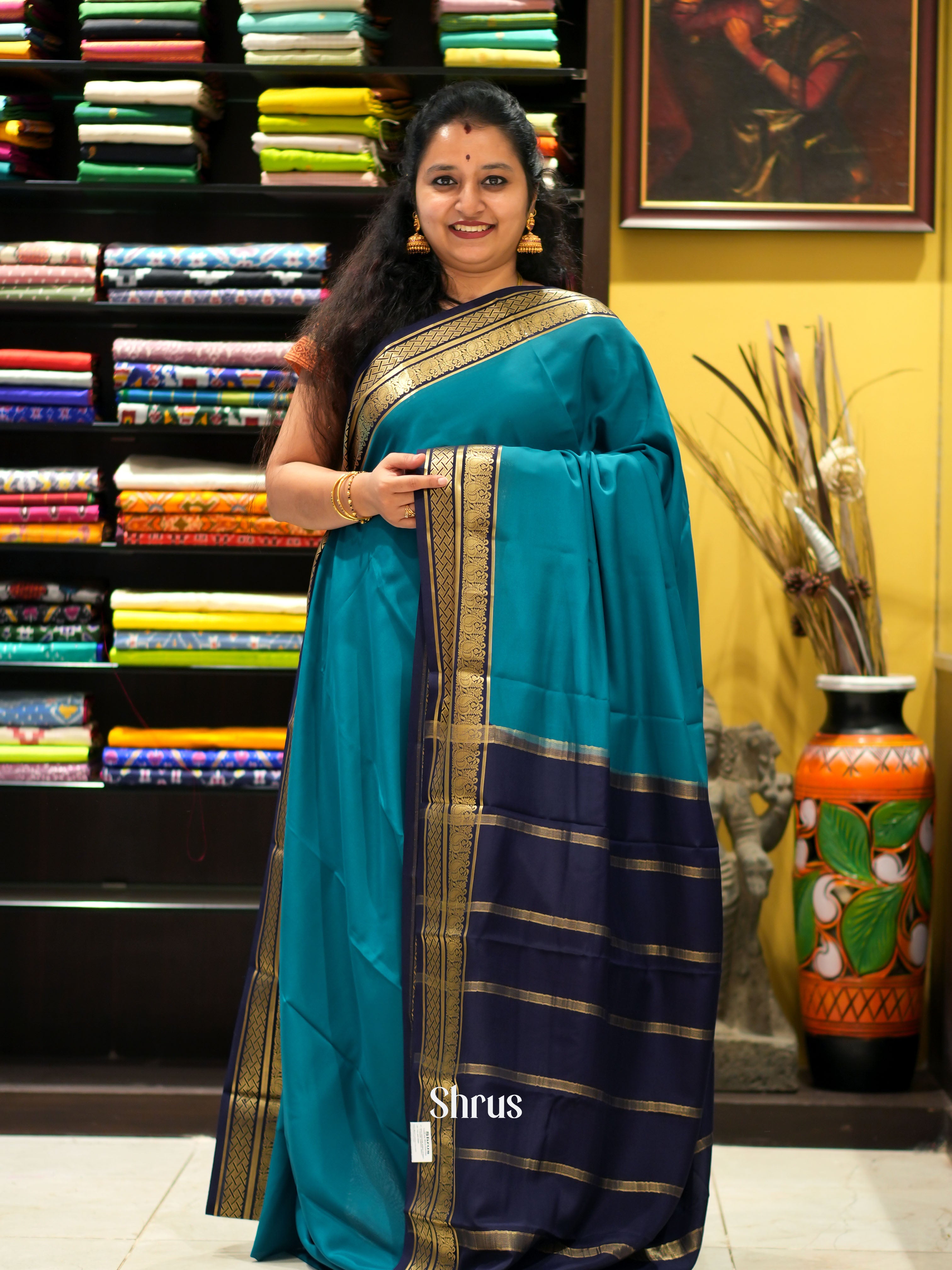 Teal & Blue - Mysore Silk Saree - Shop on ShrusEternity.com