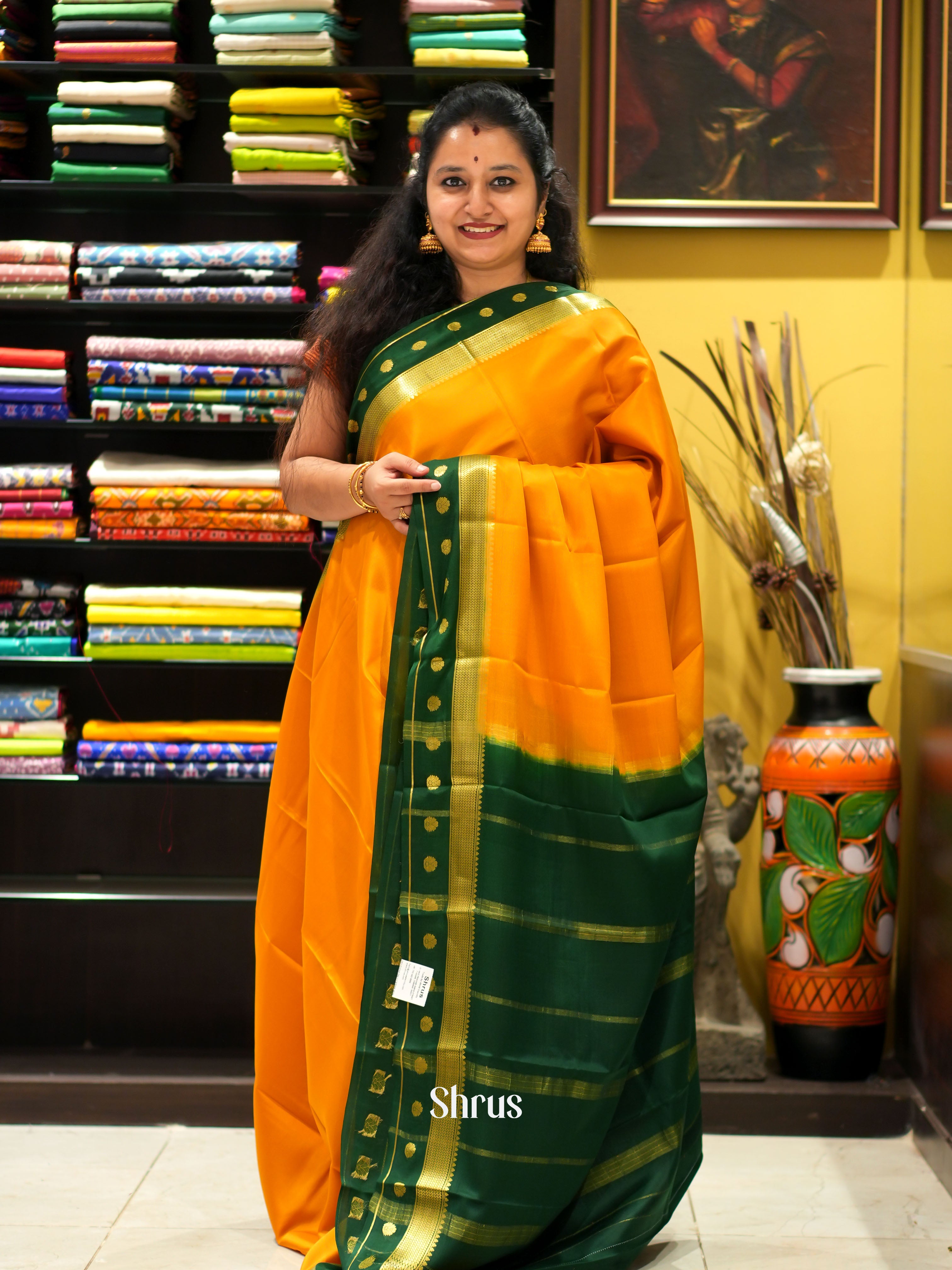 Orange & Green - Mysore Silk Saree - Shop on ShrusEternity.com