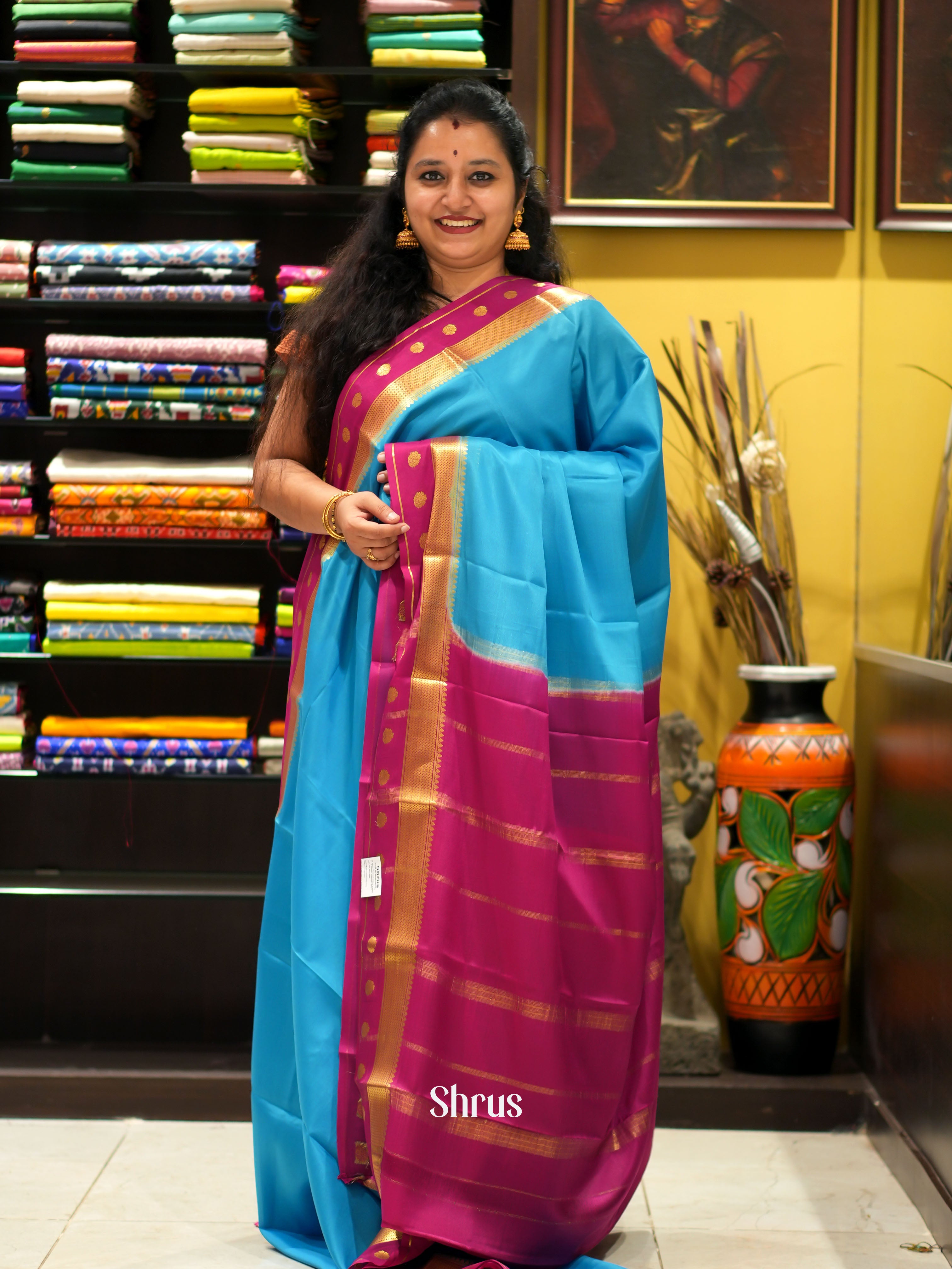 teal & Pink - Mysore Silk Saree - Shop on ShrusEternity.com