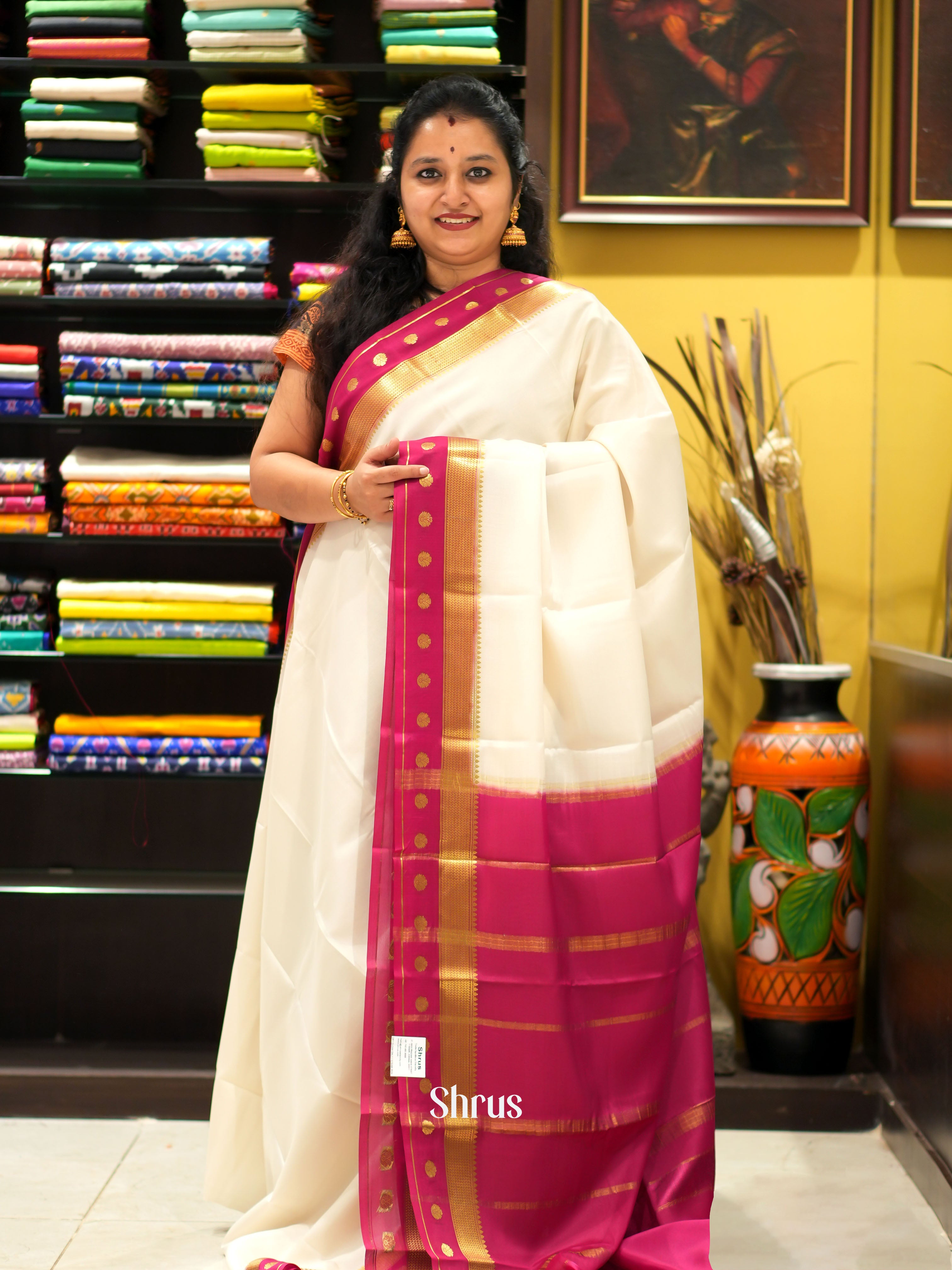 Cream & Majenta - Mysore Silk Saree - Shop on ShrusEternity.com