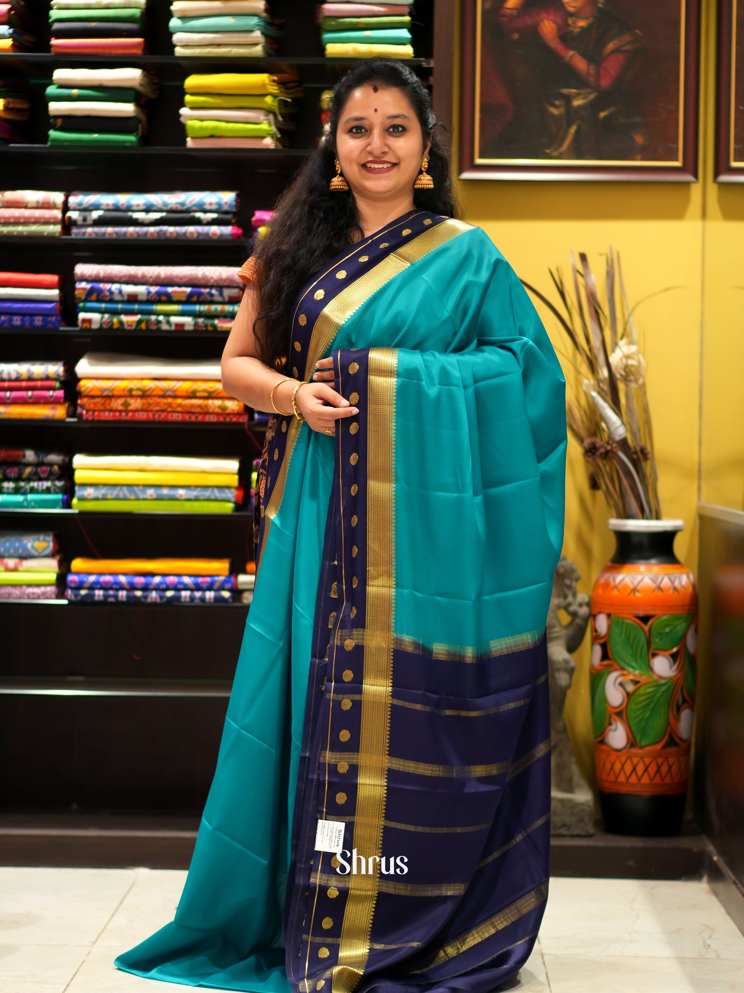 Teal & Blue - Mysore Silk Saree - Shop on ShrusEternity.com
