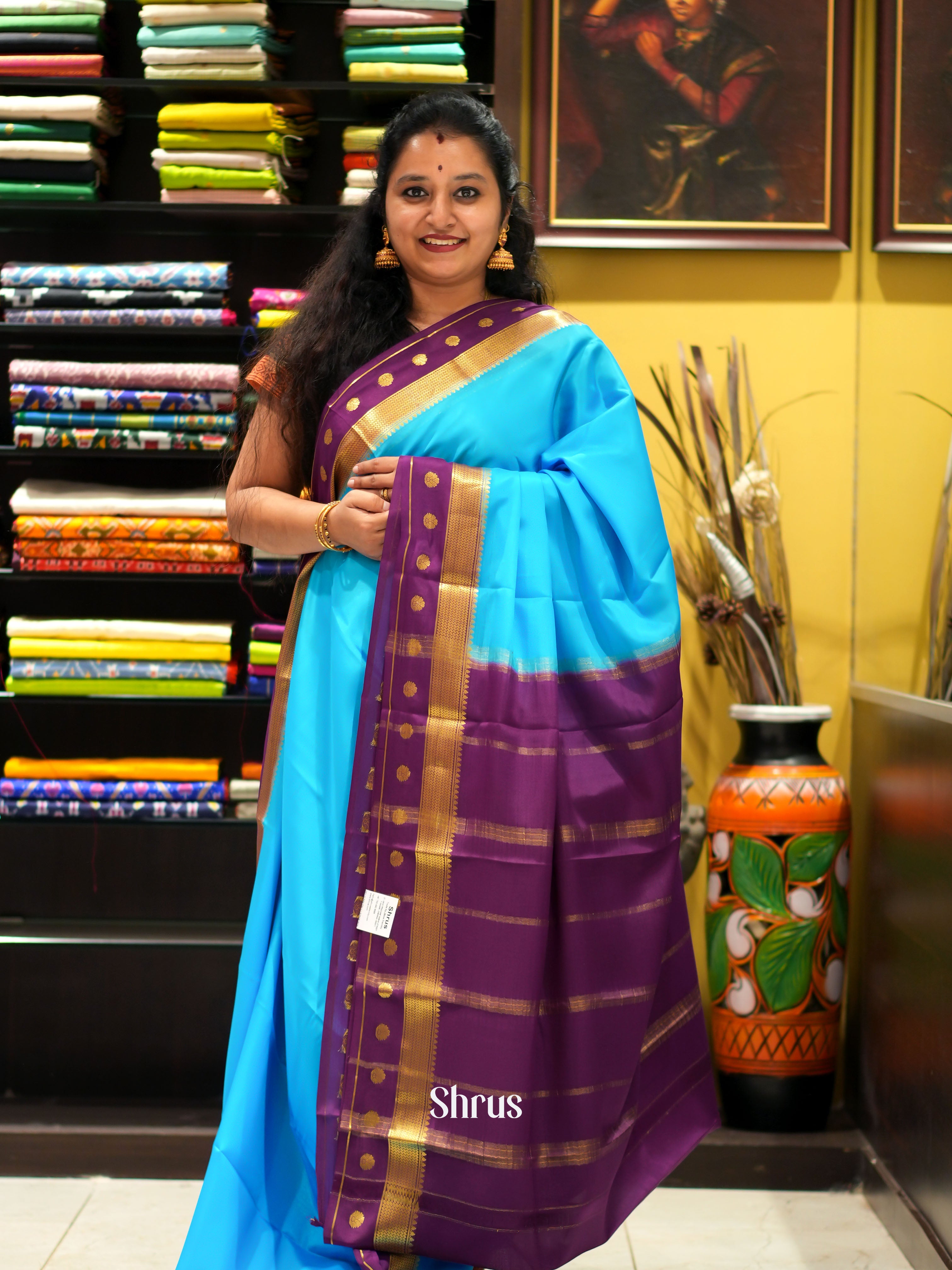 Teal & Purple - Mysore Silk Saree - Shop on ShrusEternity.com