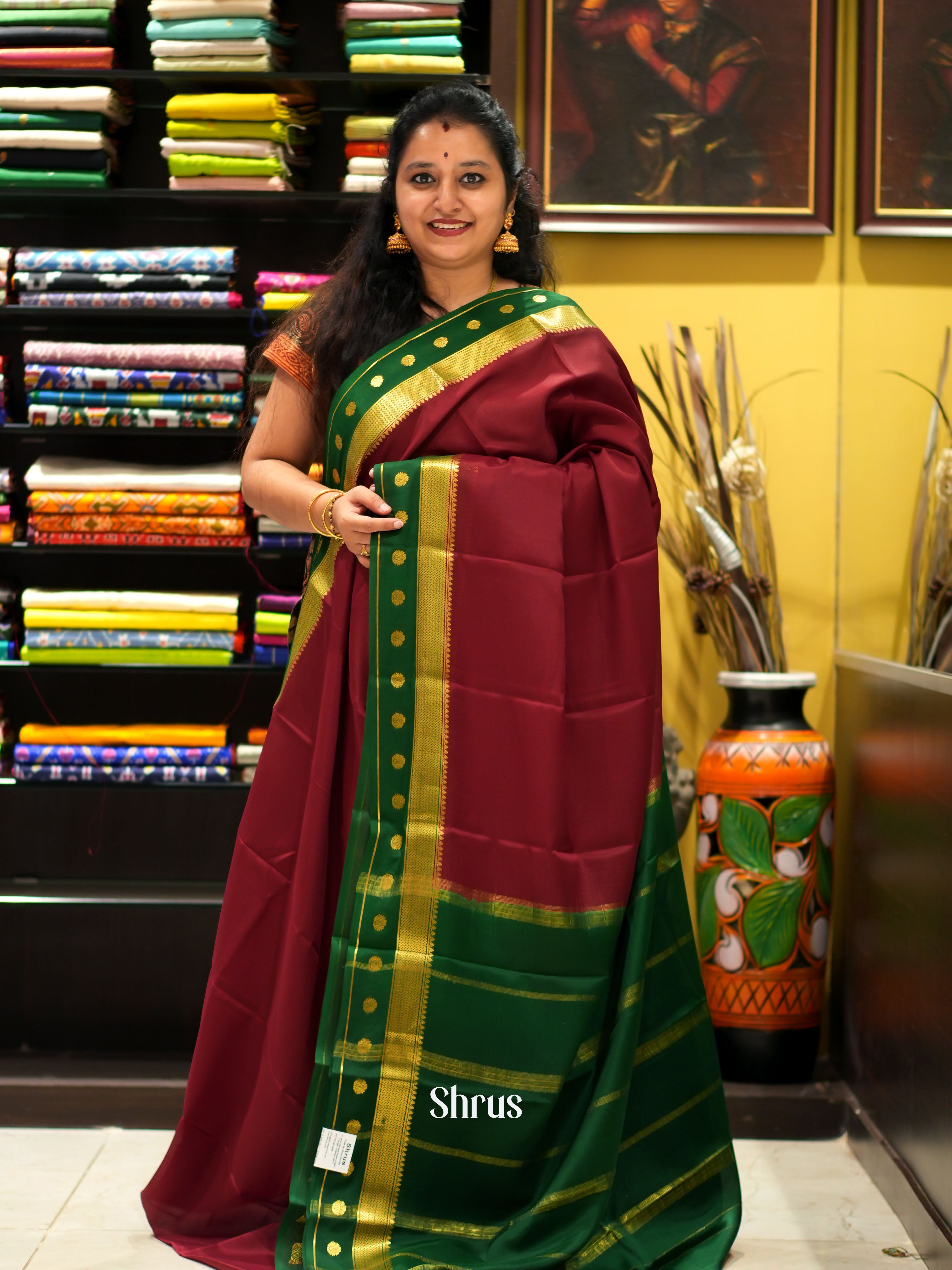 Maroon & Green - Mysore Silk Saree - Shop on ShrusEternity.com
