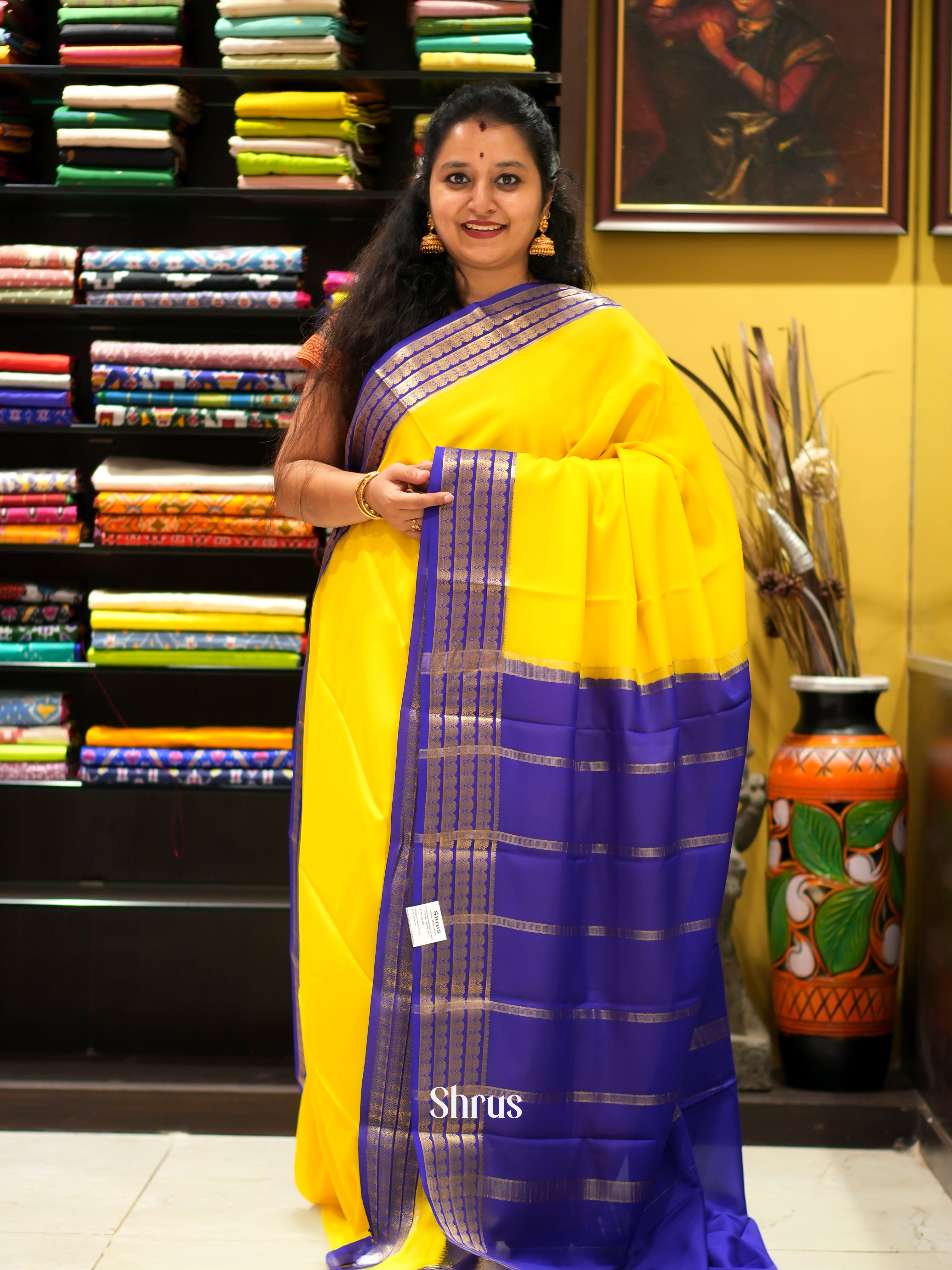 Yellow & Blue - Mysore Silk Saree - Shop on ShrusEternity.com