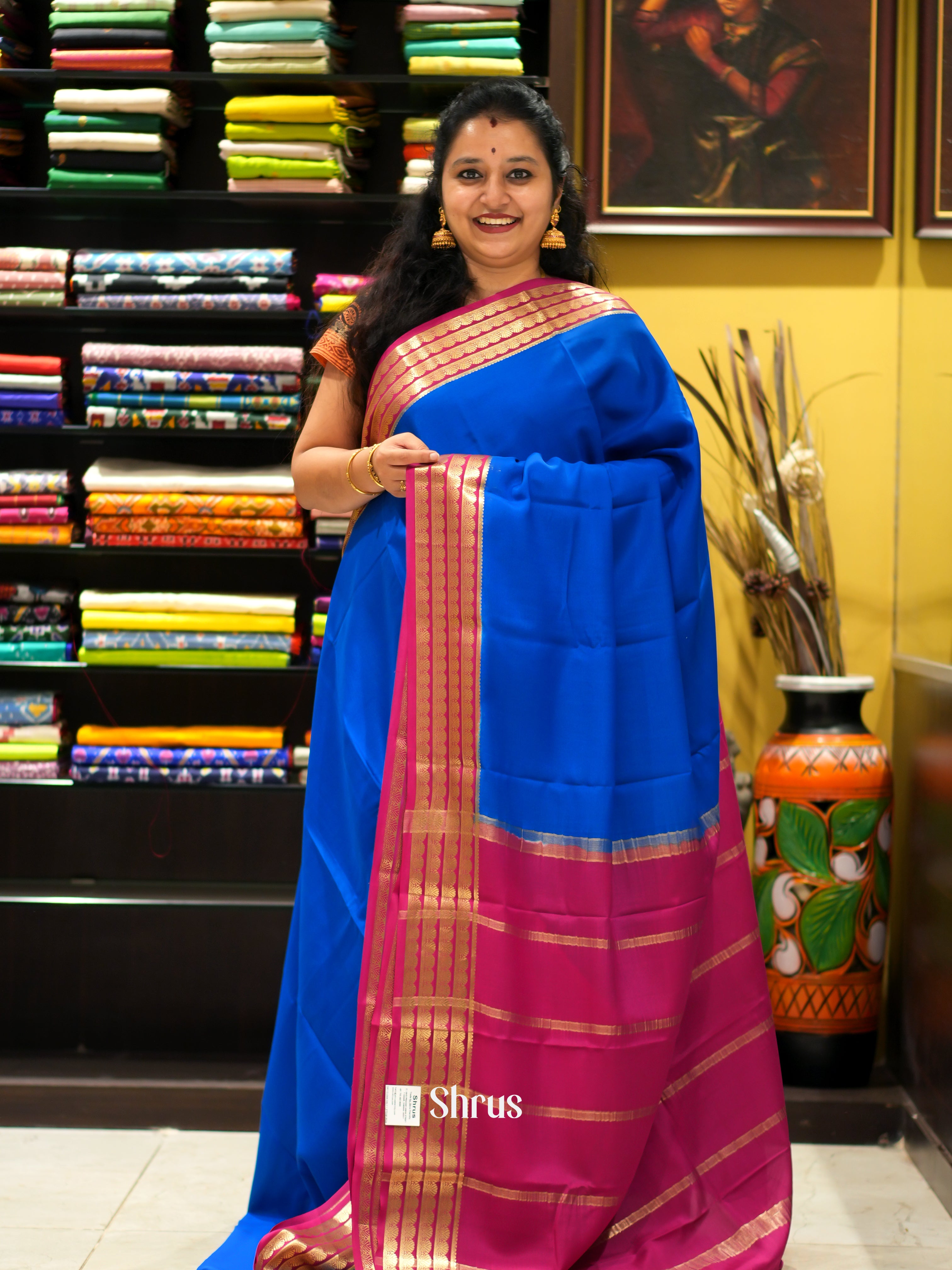 Blue & Pink - Mysore Silk Saree - Shop on ShrusEternity.com