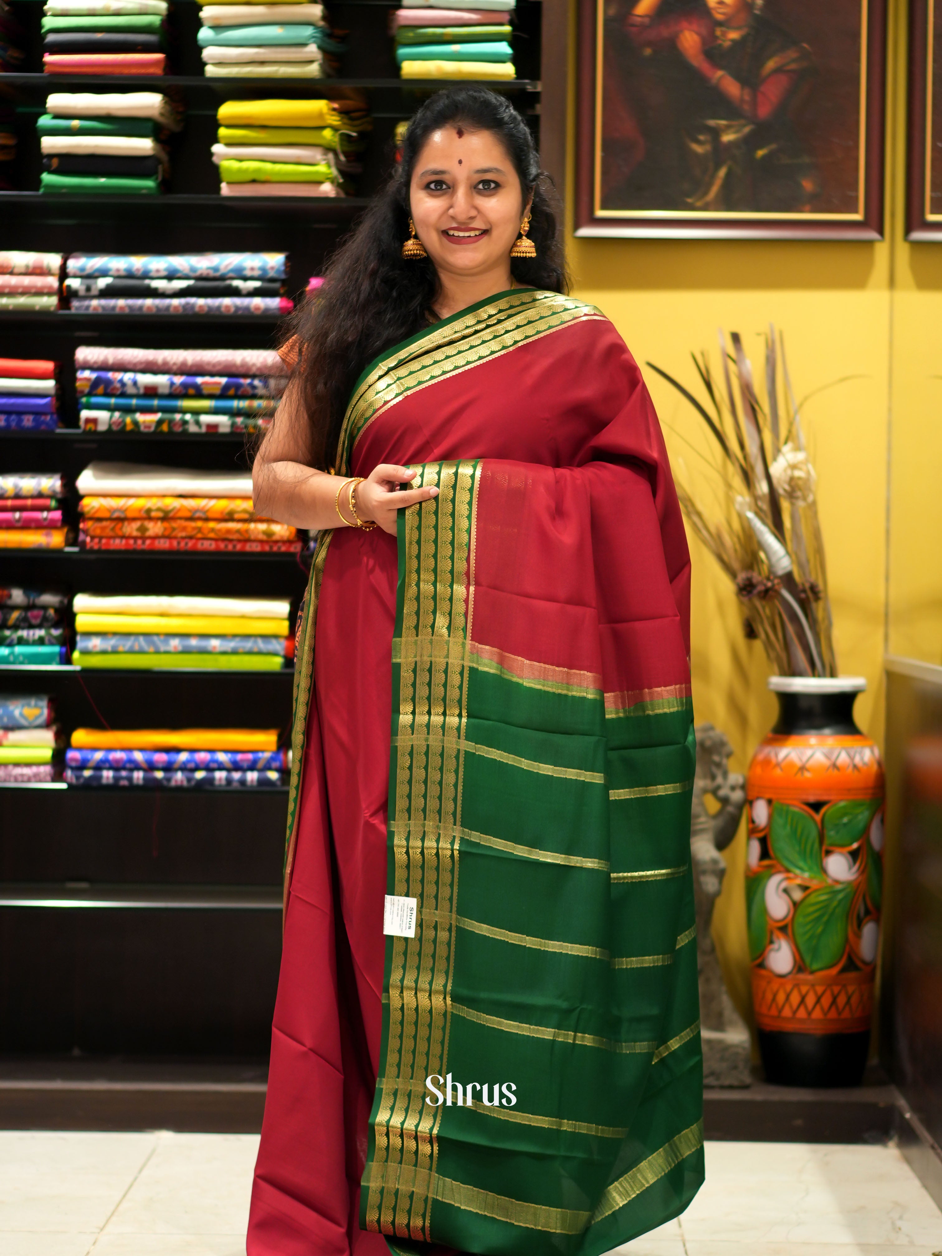 Maroon & Green - Mysore Silk Saree - Shop on ShrusEternity.com