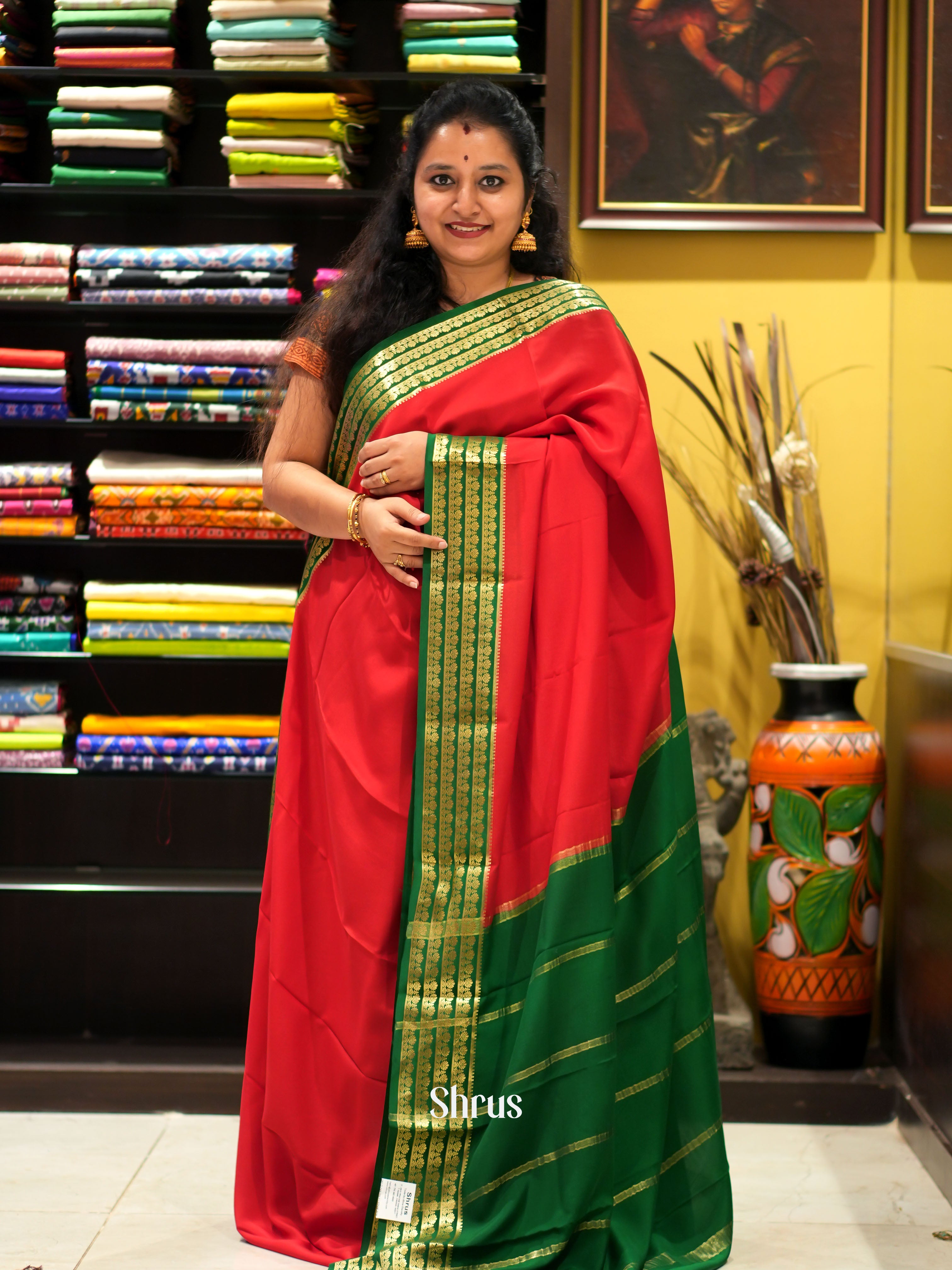 Red & Green - Mysore Silk Saree - Shop on ShrusEternity.com