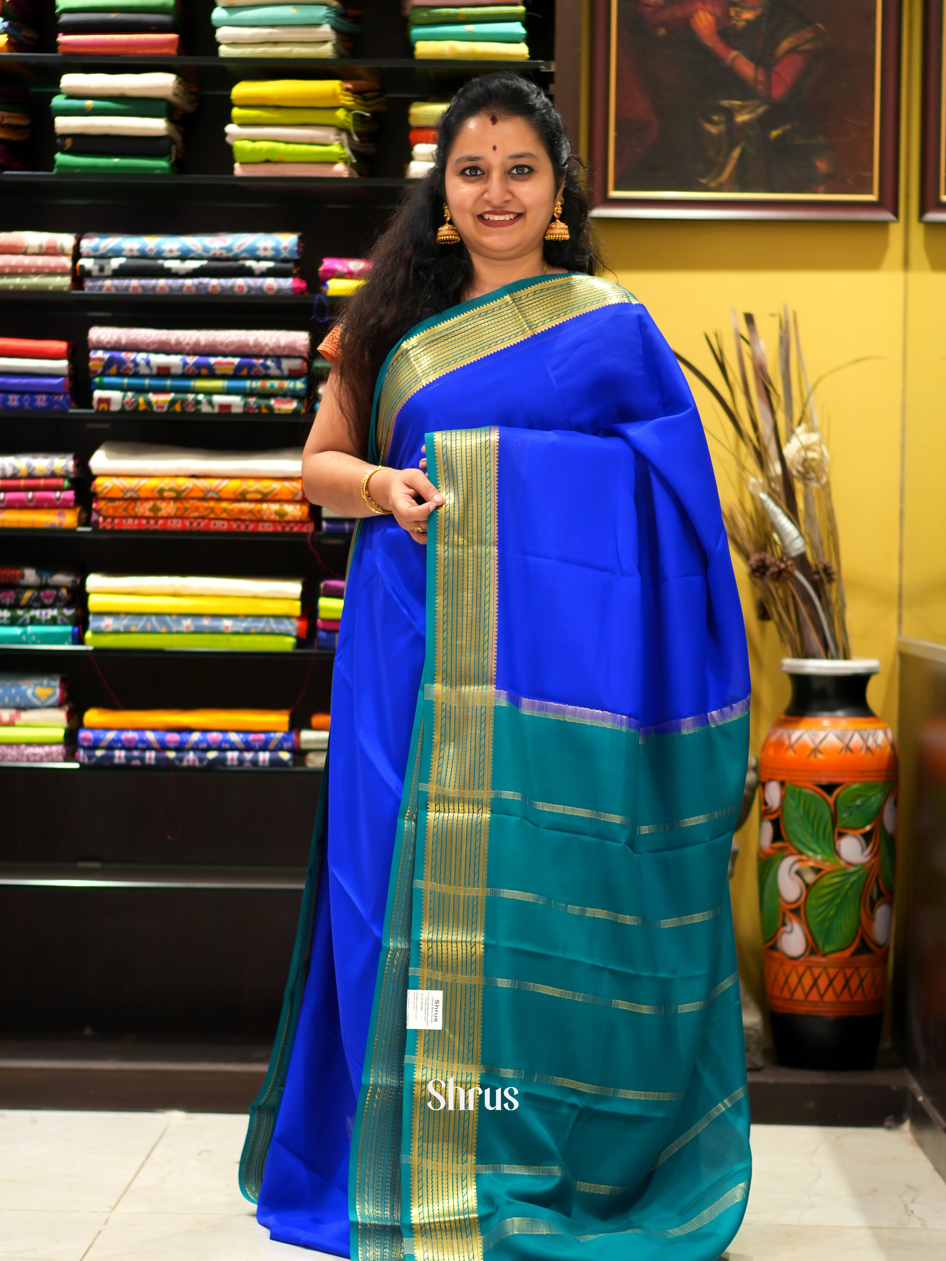Blue & Teal - Mysore Silk Saree - Shop on ShrusEternity.com