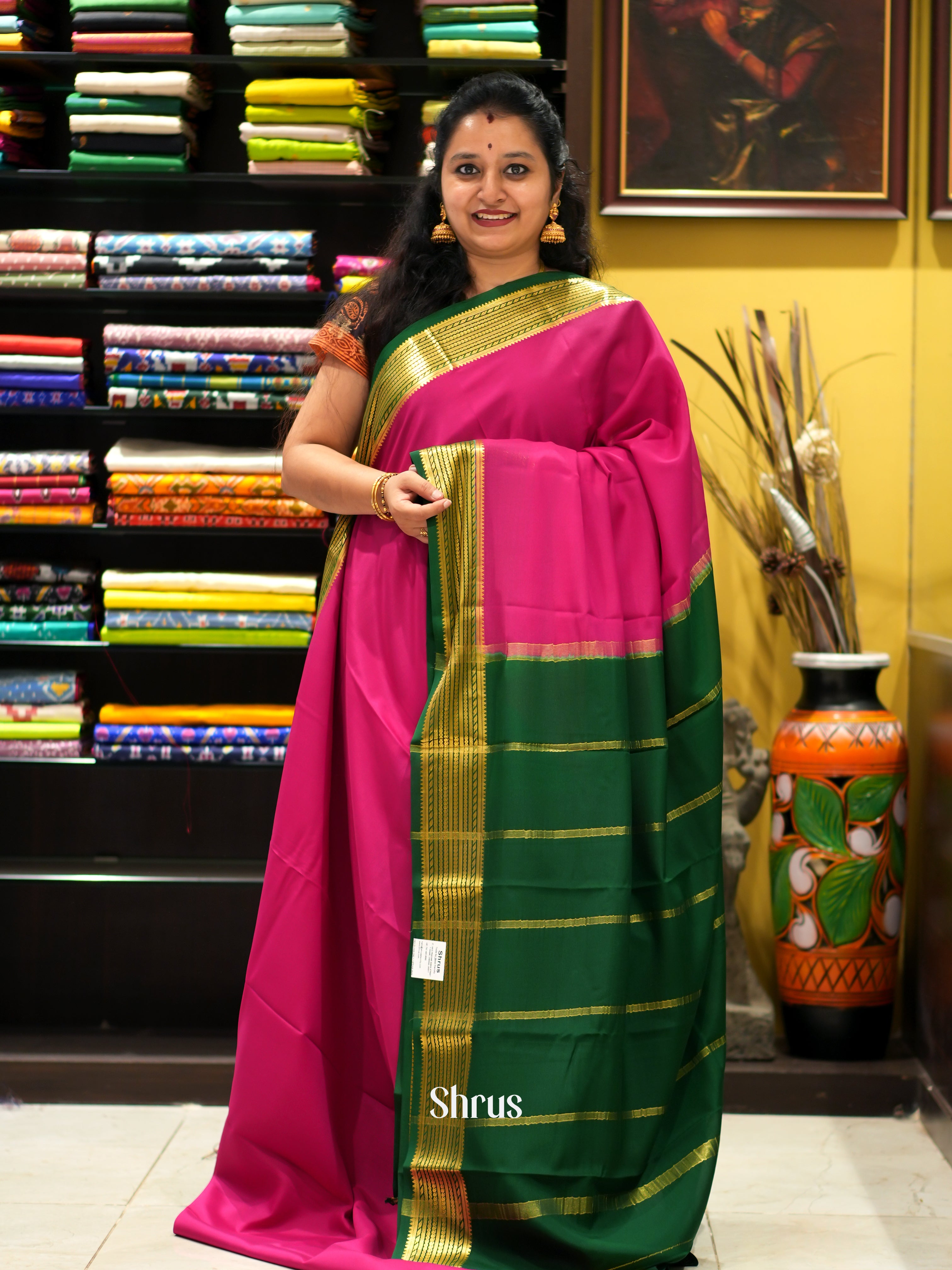 Majenta Pink & Green- Mysore Silk Saree - Shop on ShrusEternity.com