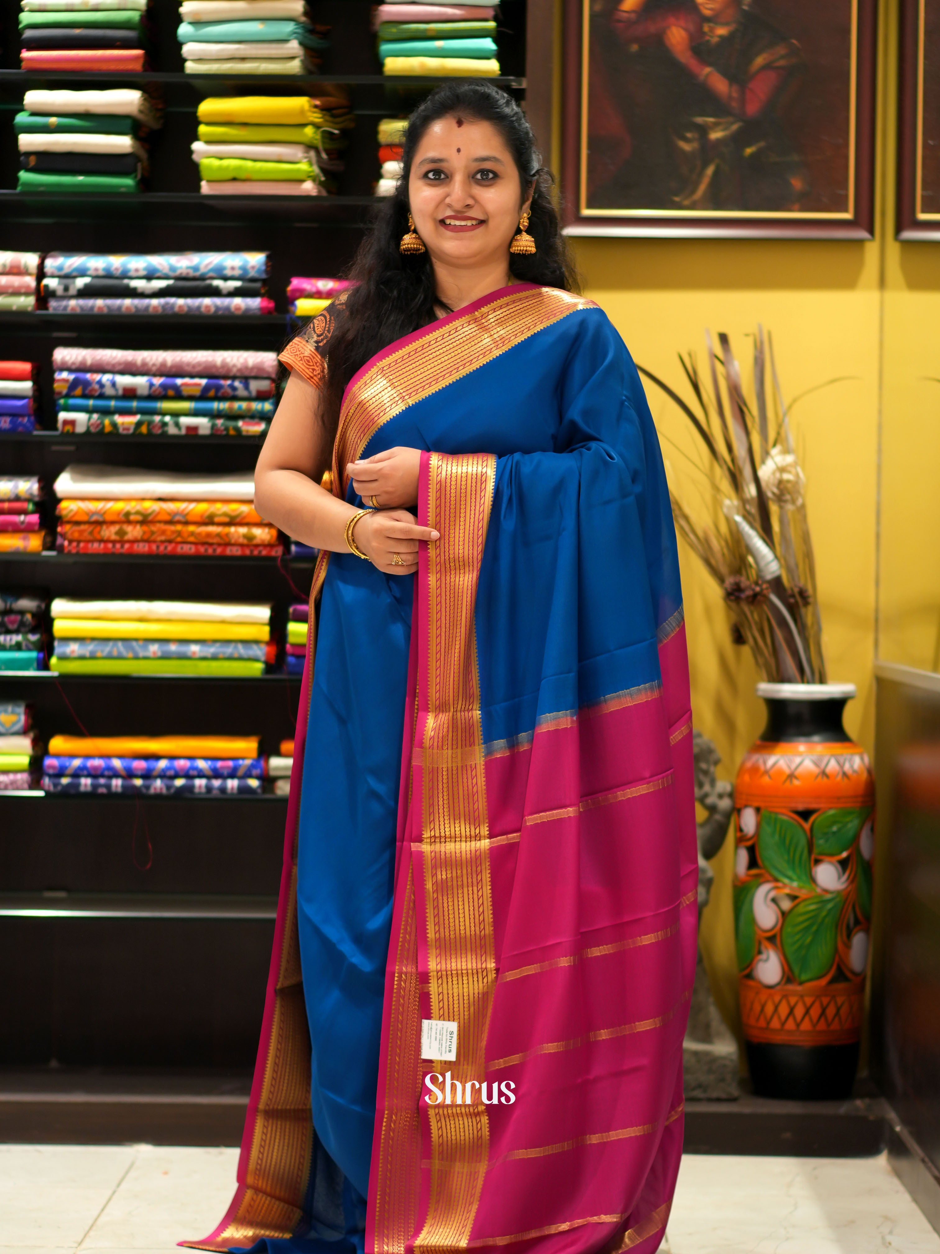 Blue & Maroon - Mysore Silk Saree - Shop on ShrusEternity.com