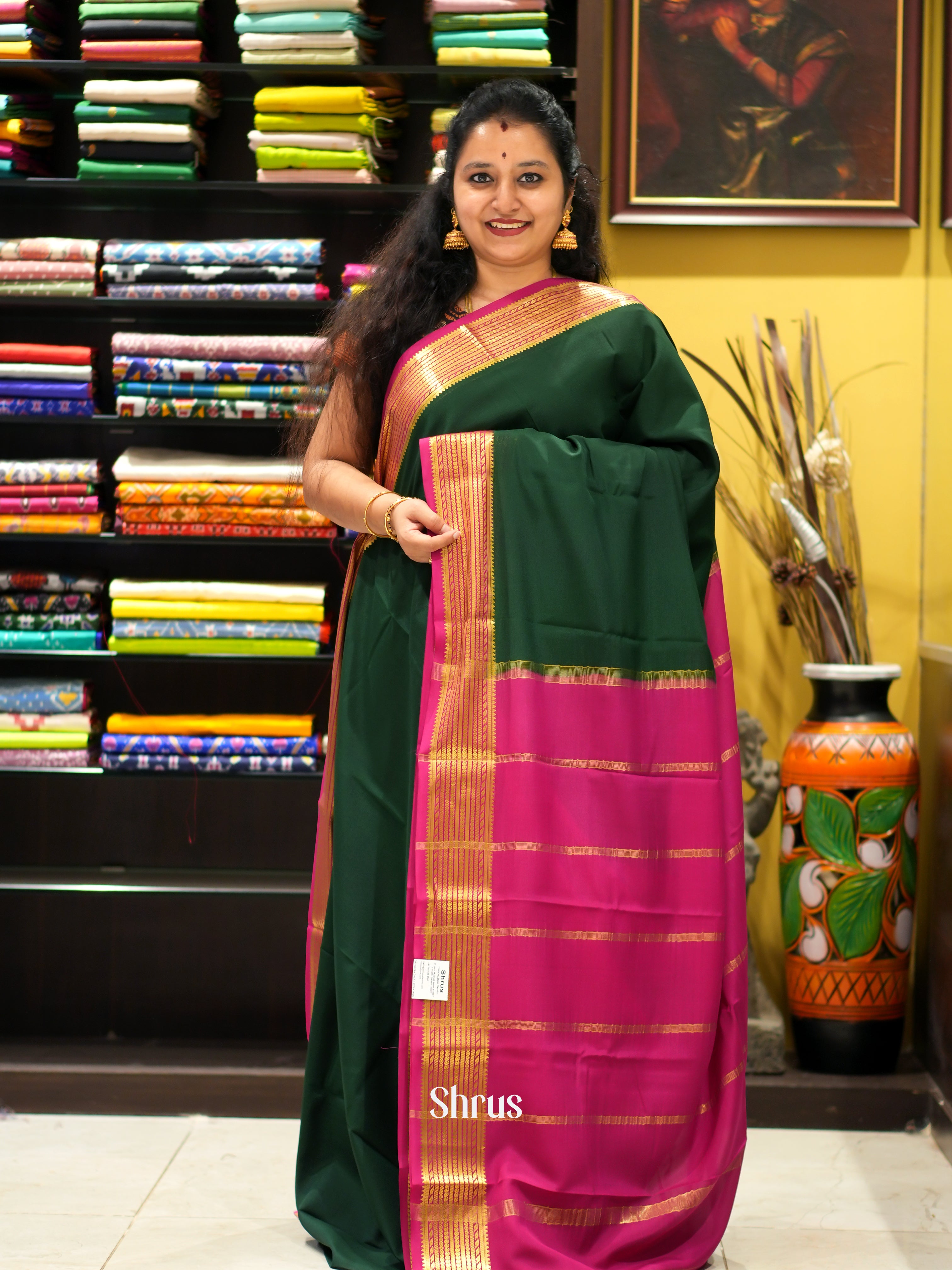 Green & Pink - Mysore Silk Saree - Shop on ShrusEternity.com