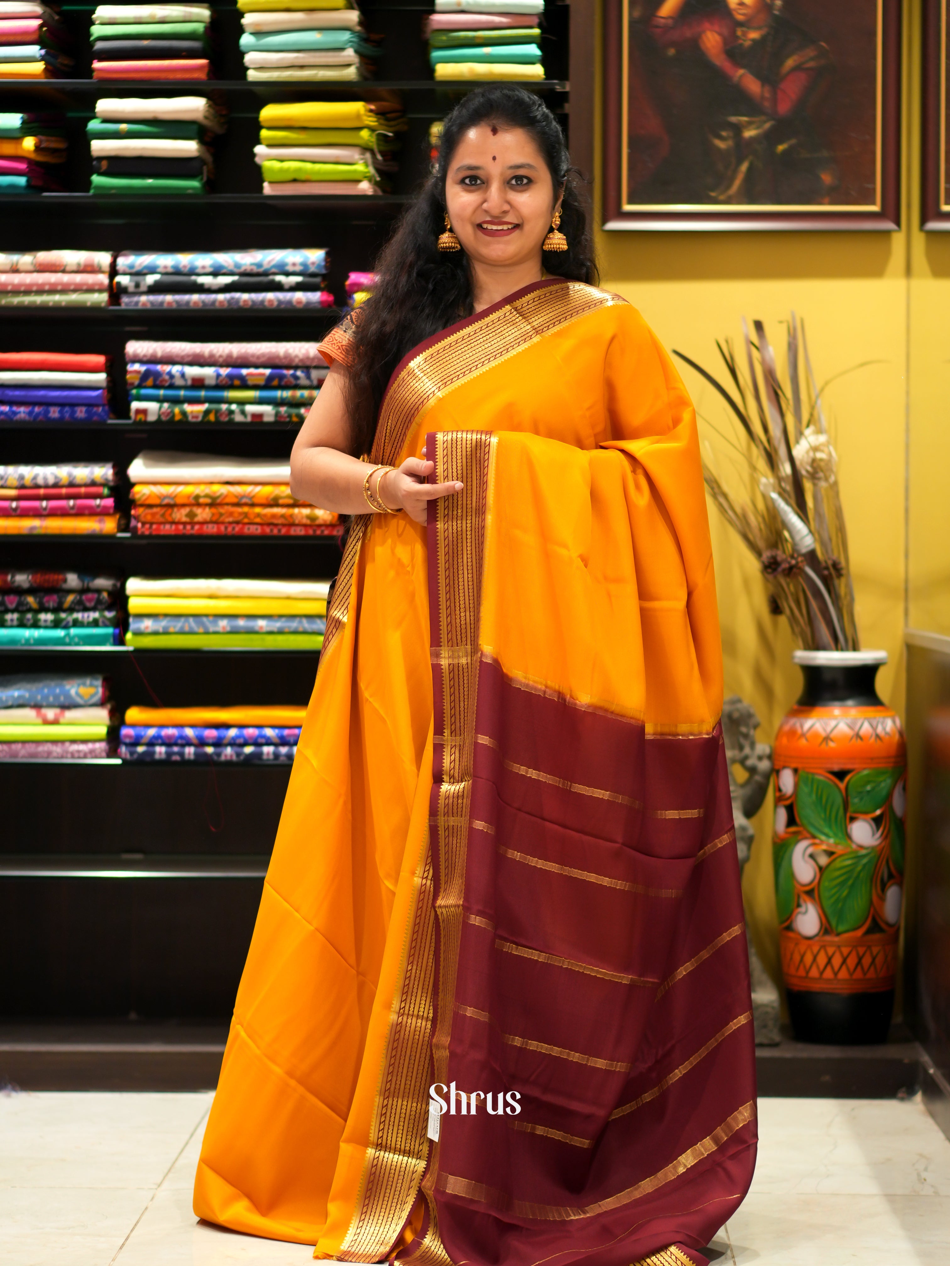 Mustard & Maroon - Mysore Silk Saree - Shop on ShrusEternity.com