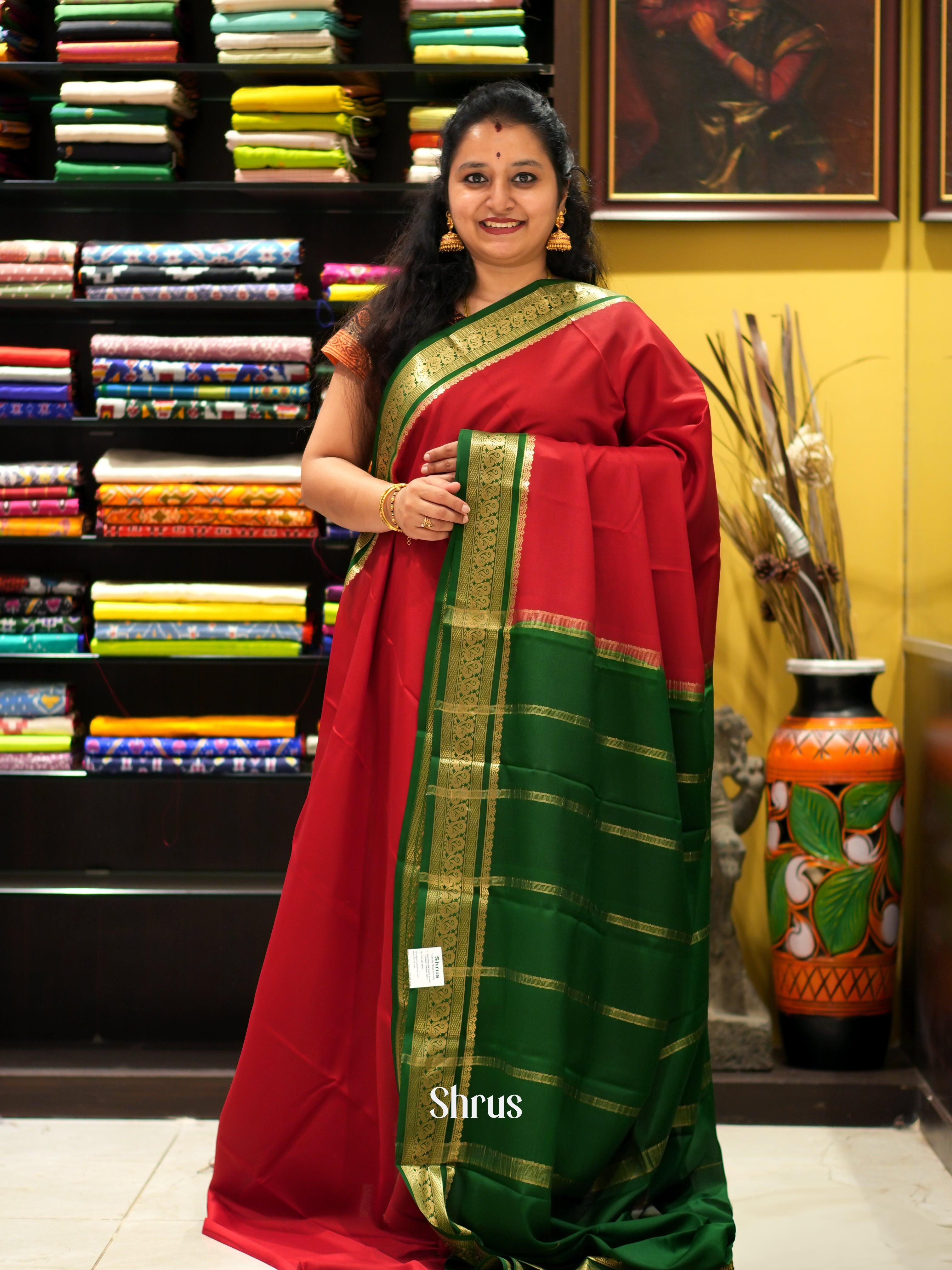 Maroon & Green - Mysore Silk Saree - Shop on ShrusEternity.com