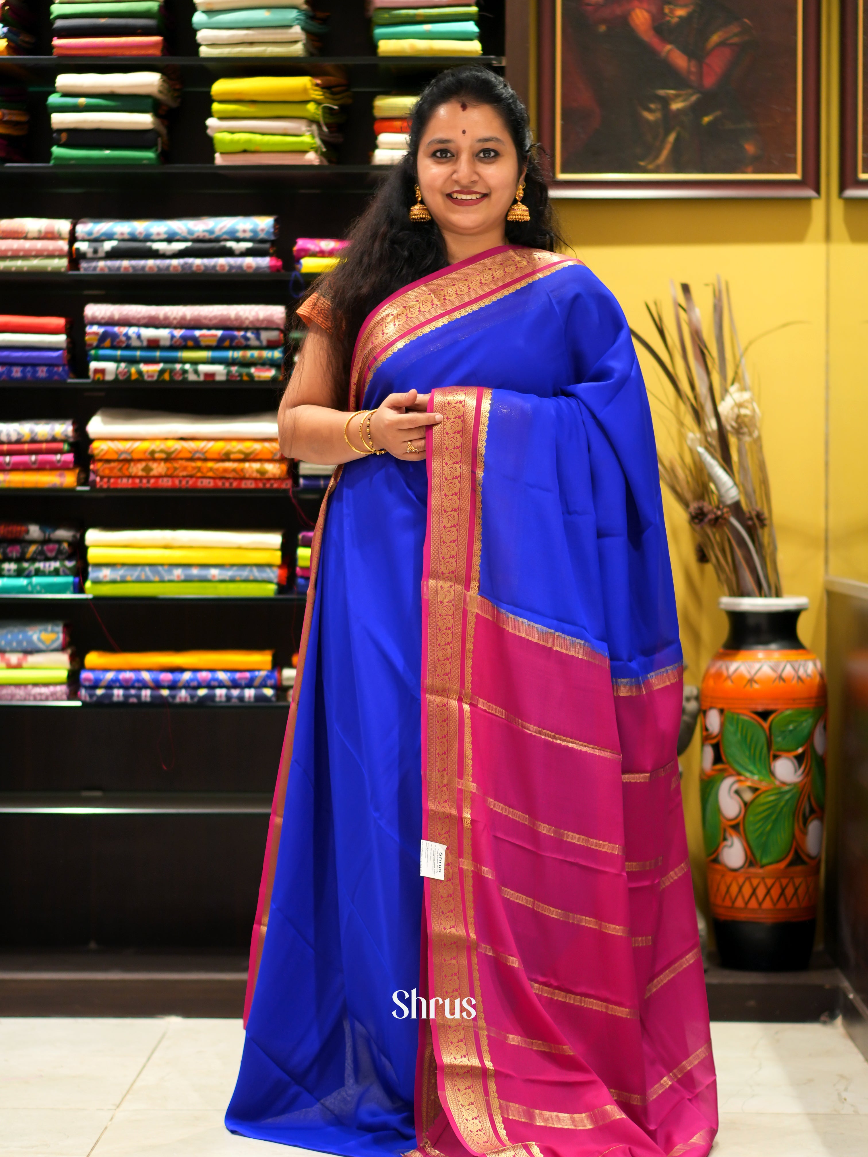 Blue & Pink - Mysore Silk Saree - Shop on ShrusEternity.com
