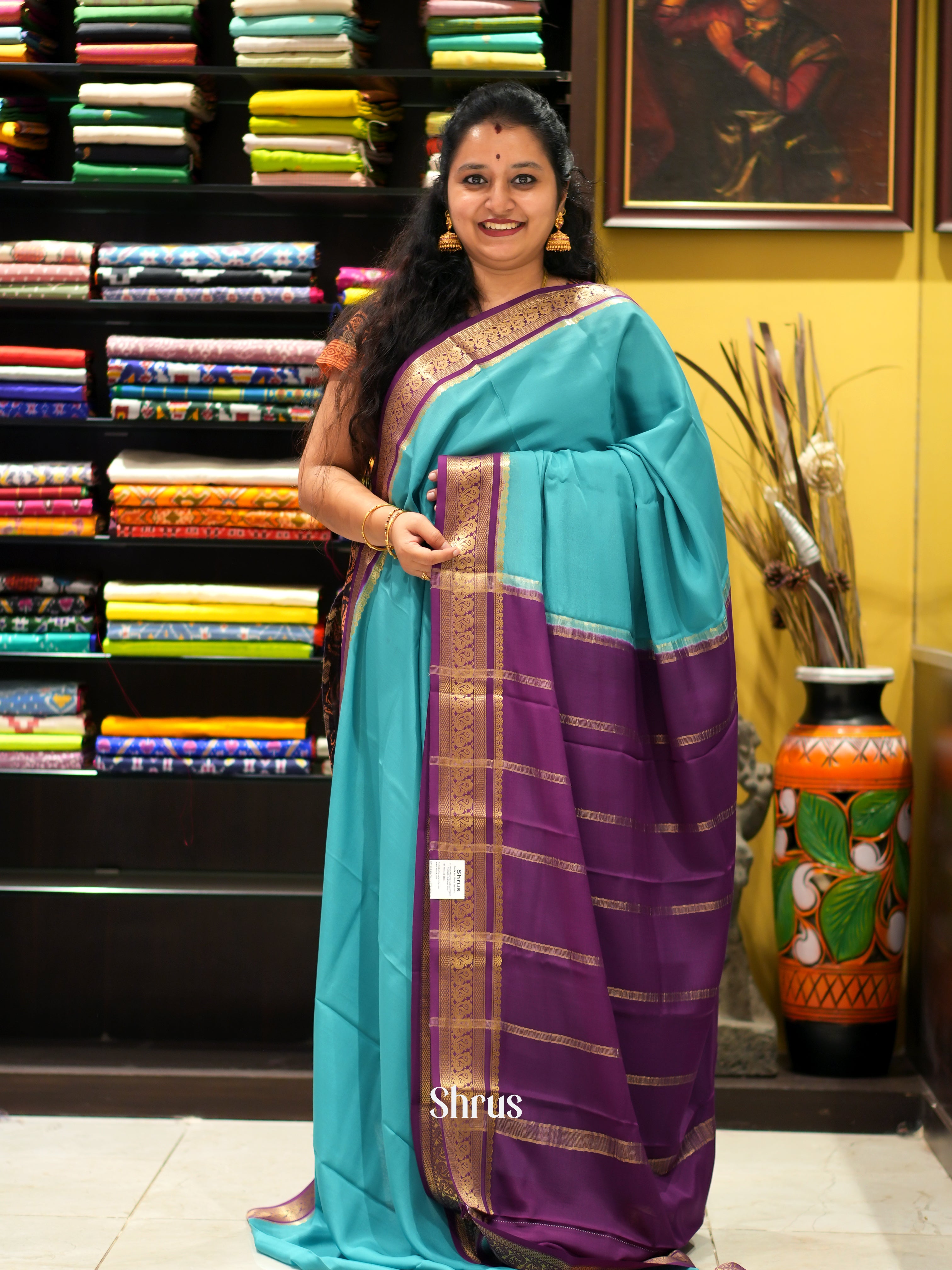 Teal & Purple - Mysore Silk Saree - Shop on ShrusEternity.com
