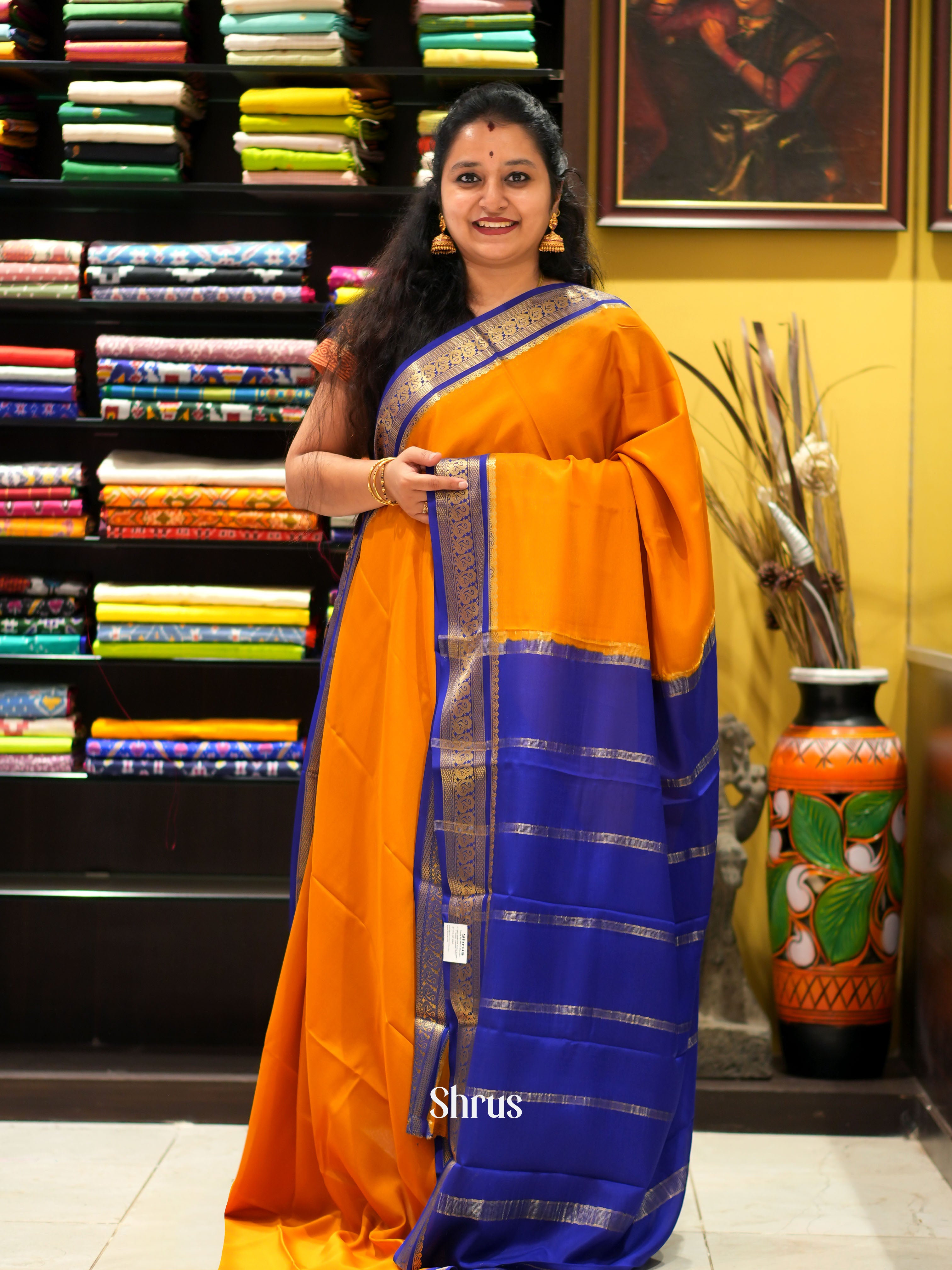 Orange & Blue - Mysore Silk Saree - Shop on ShrusEternity.com