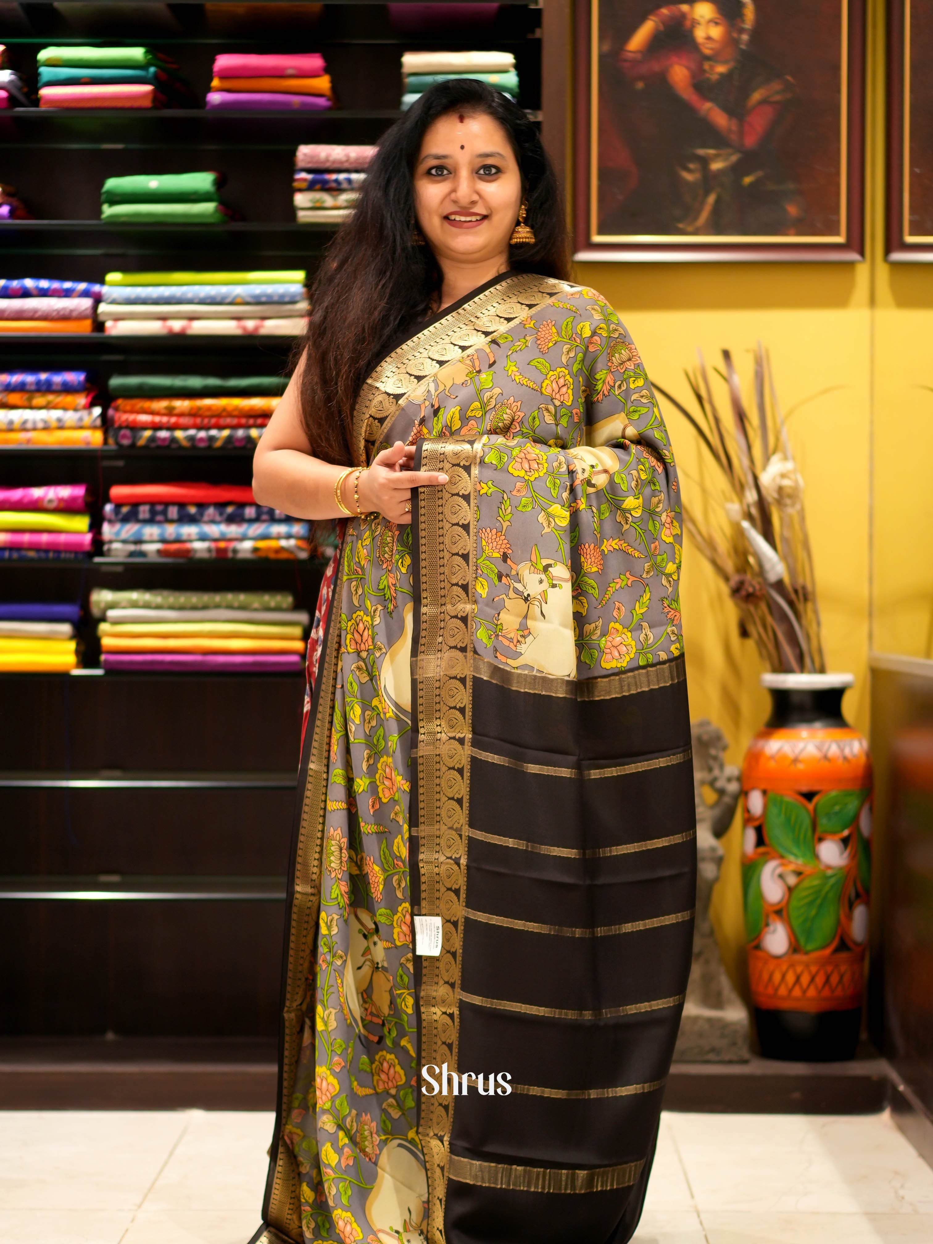 Grey & Black - Mysore silk Saree - Shop on ShrusEternity.com
