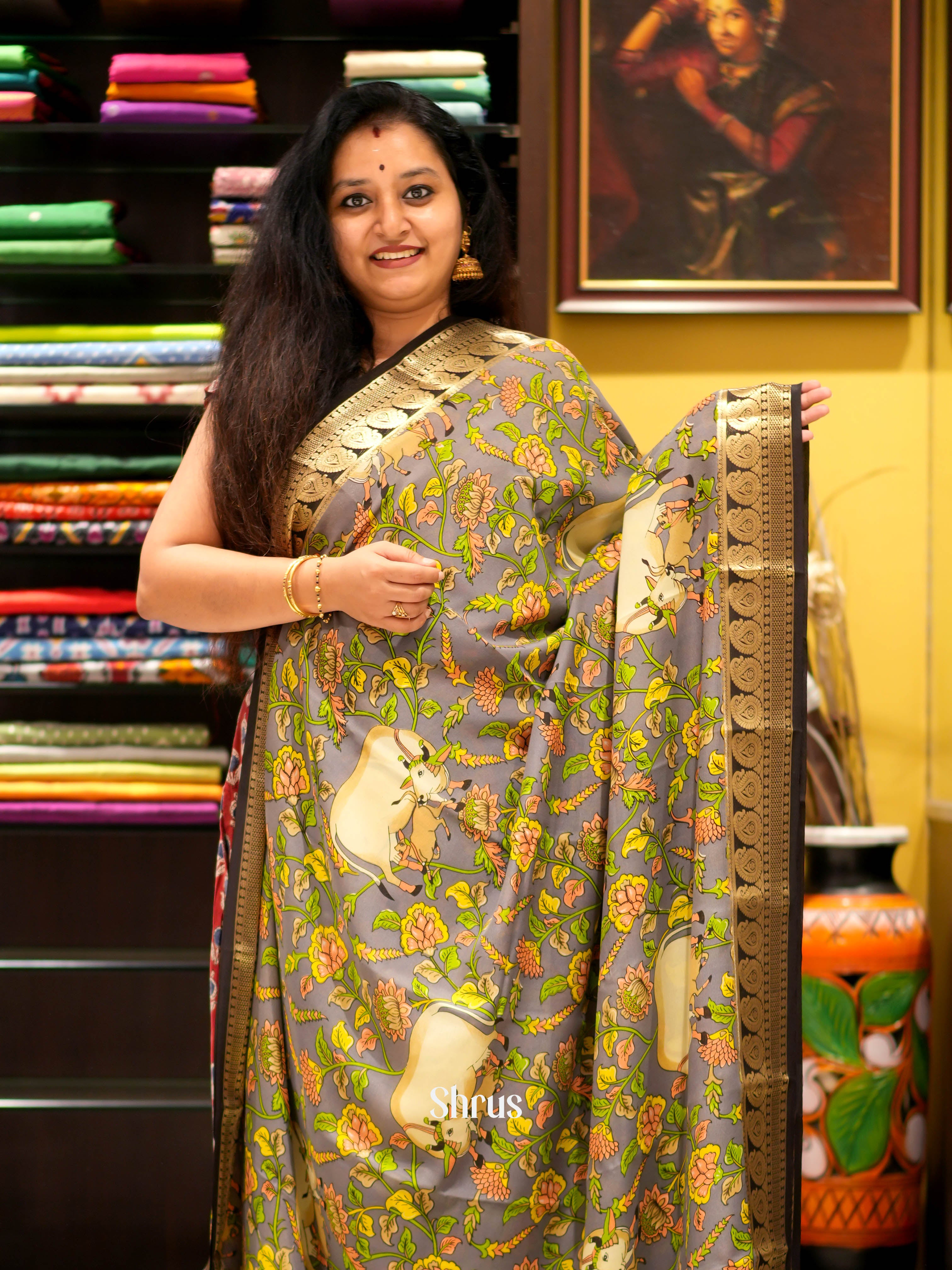 Grey & Black - Mysore silk Saree - Shop on ShrusEternity.com