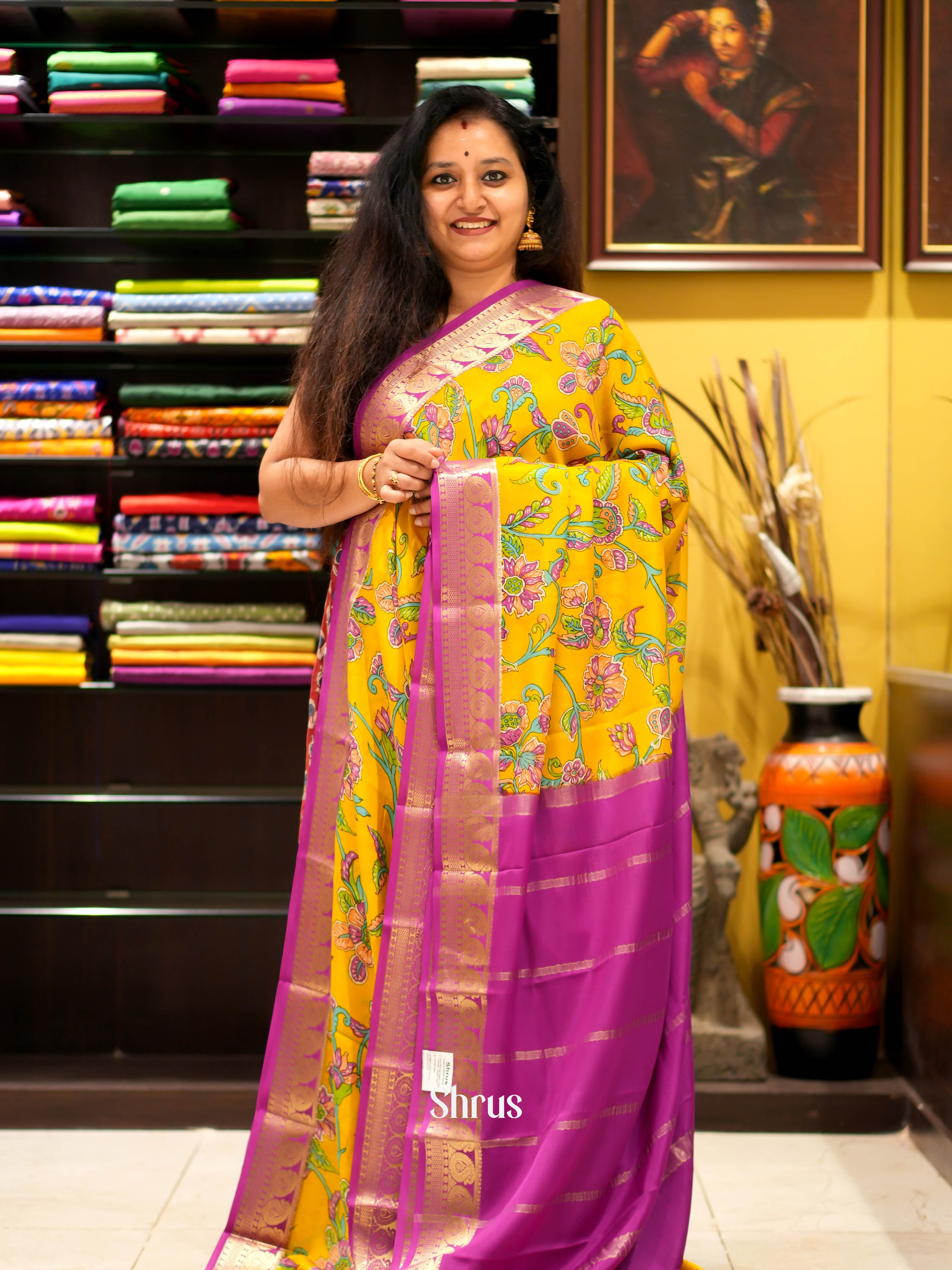 Yellow & Pink - Mysore silk Saree - Shop on ShrusEternity.com