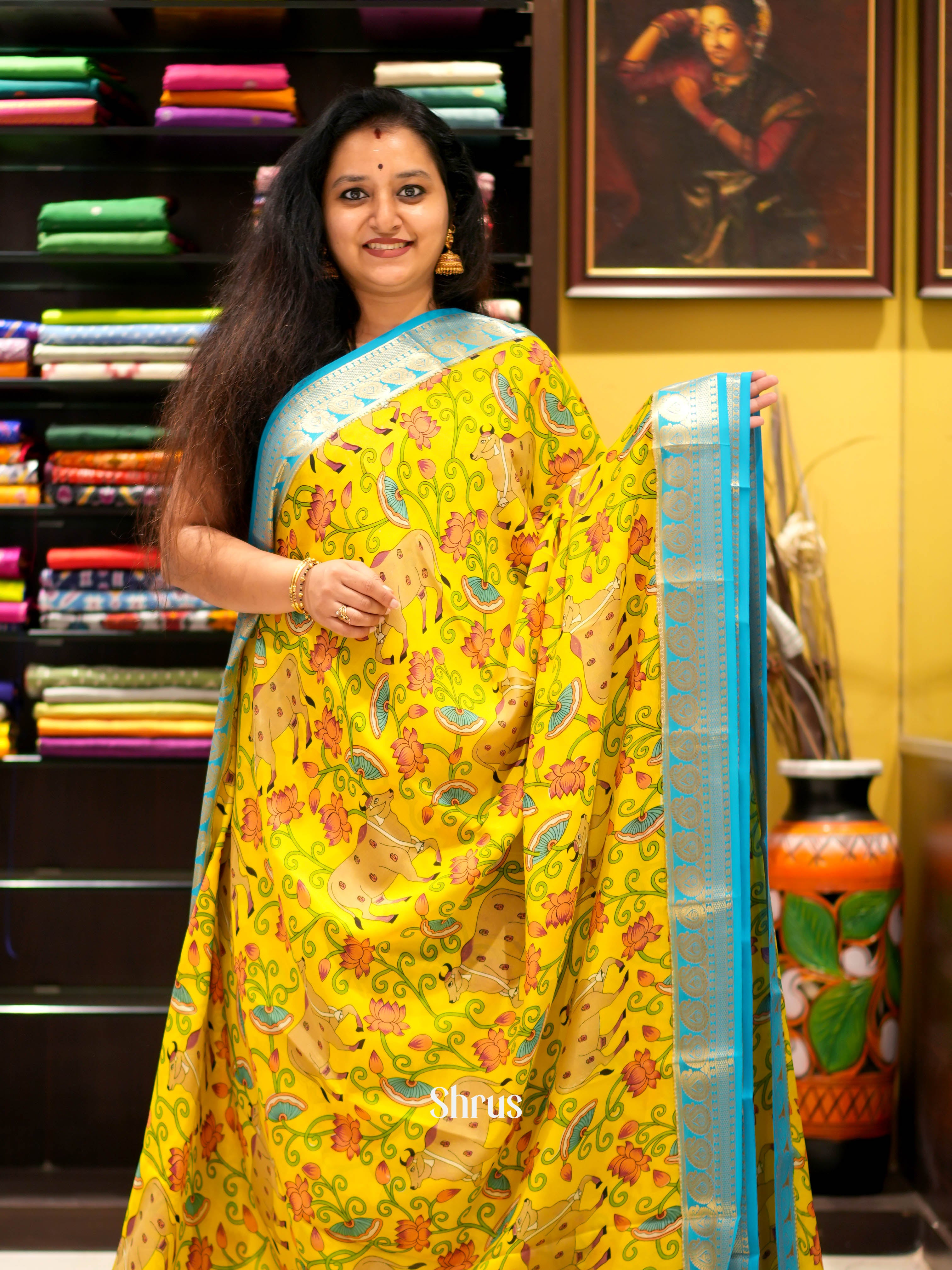 Yellow & Blue - Mysore silk Saree - Shop on ShrusEternity.com