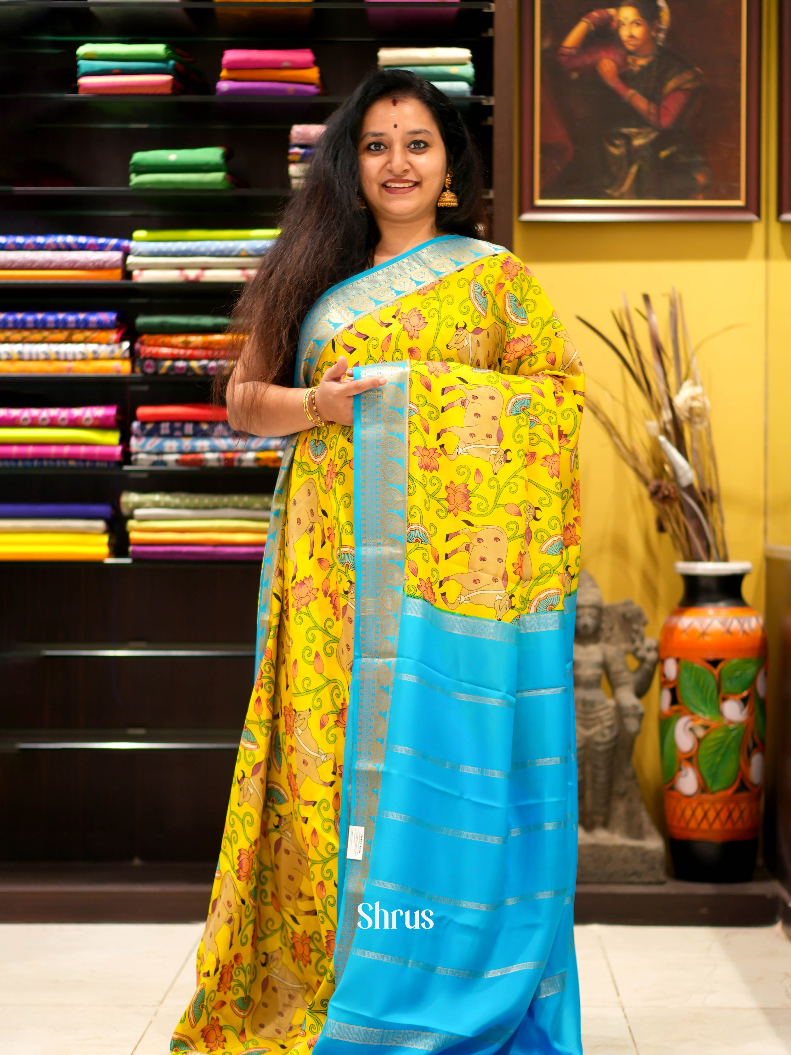 Yellow & Blue - Mysore silk Saree - Shop on ShrusEternity.com
