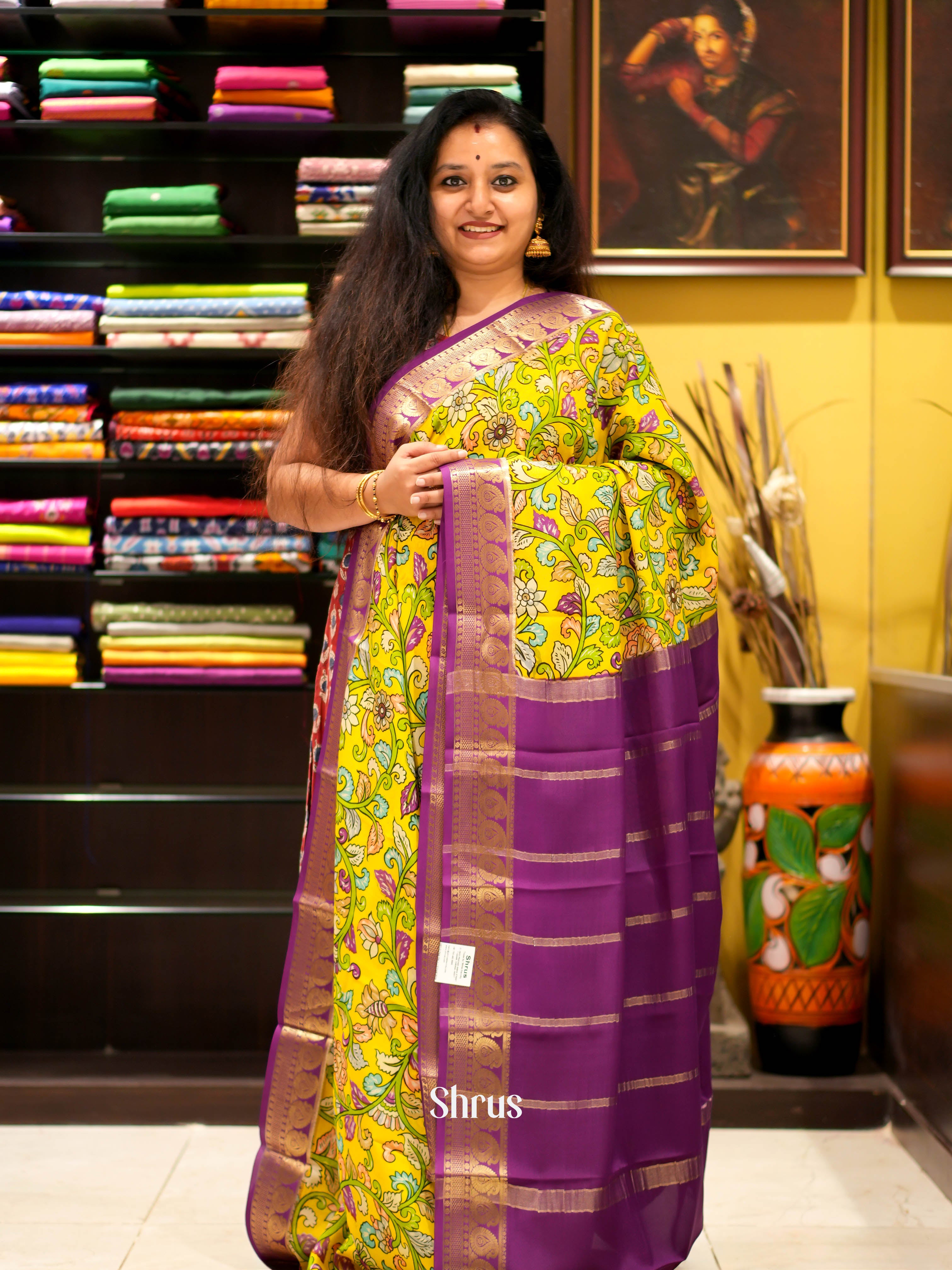 Yellow & Purple - Mysore silk Saree - Shop on ShrusEternity.com