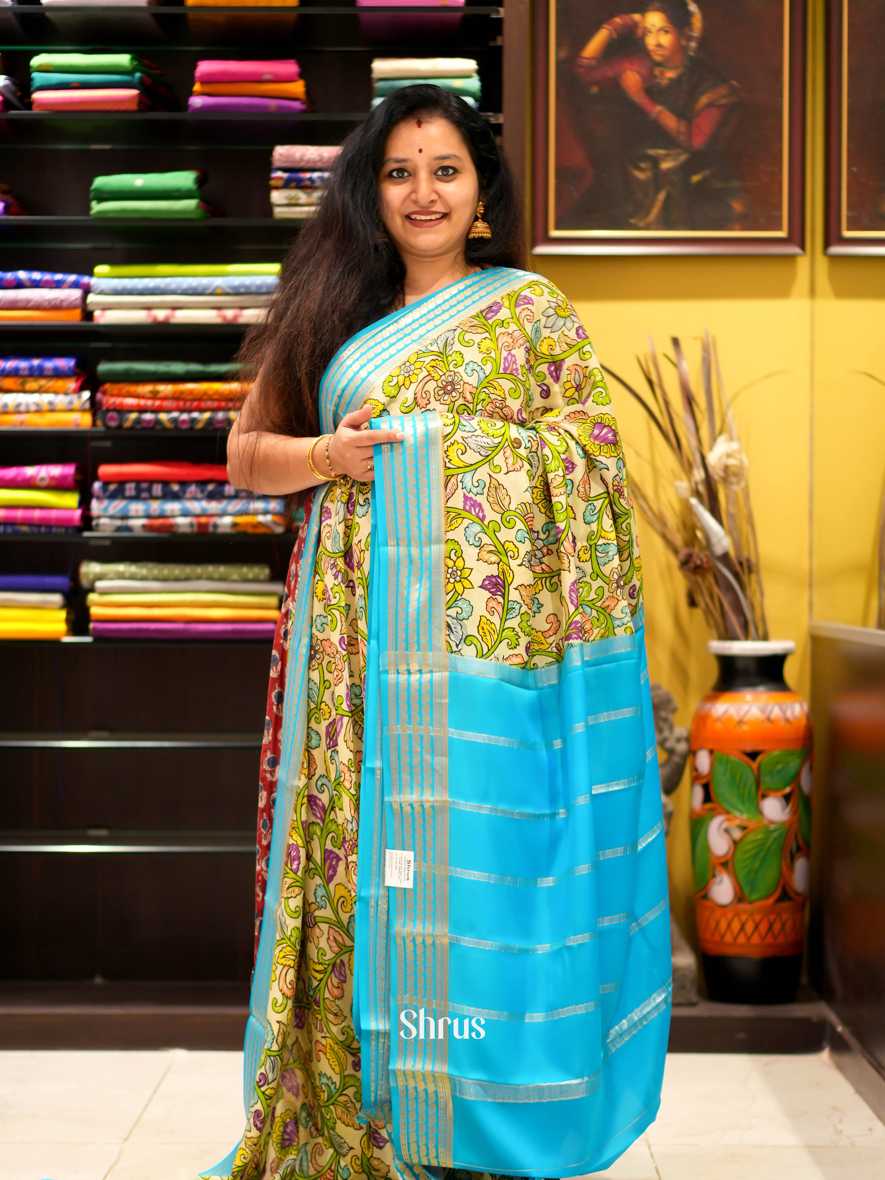 Beige & Teal - Mysore silk Saree - Shop on ShrusEternity.com