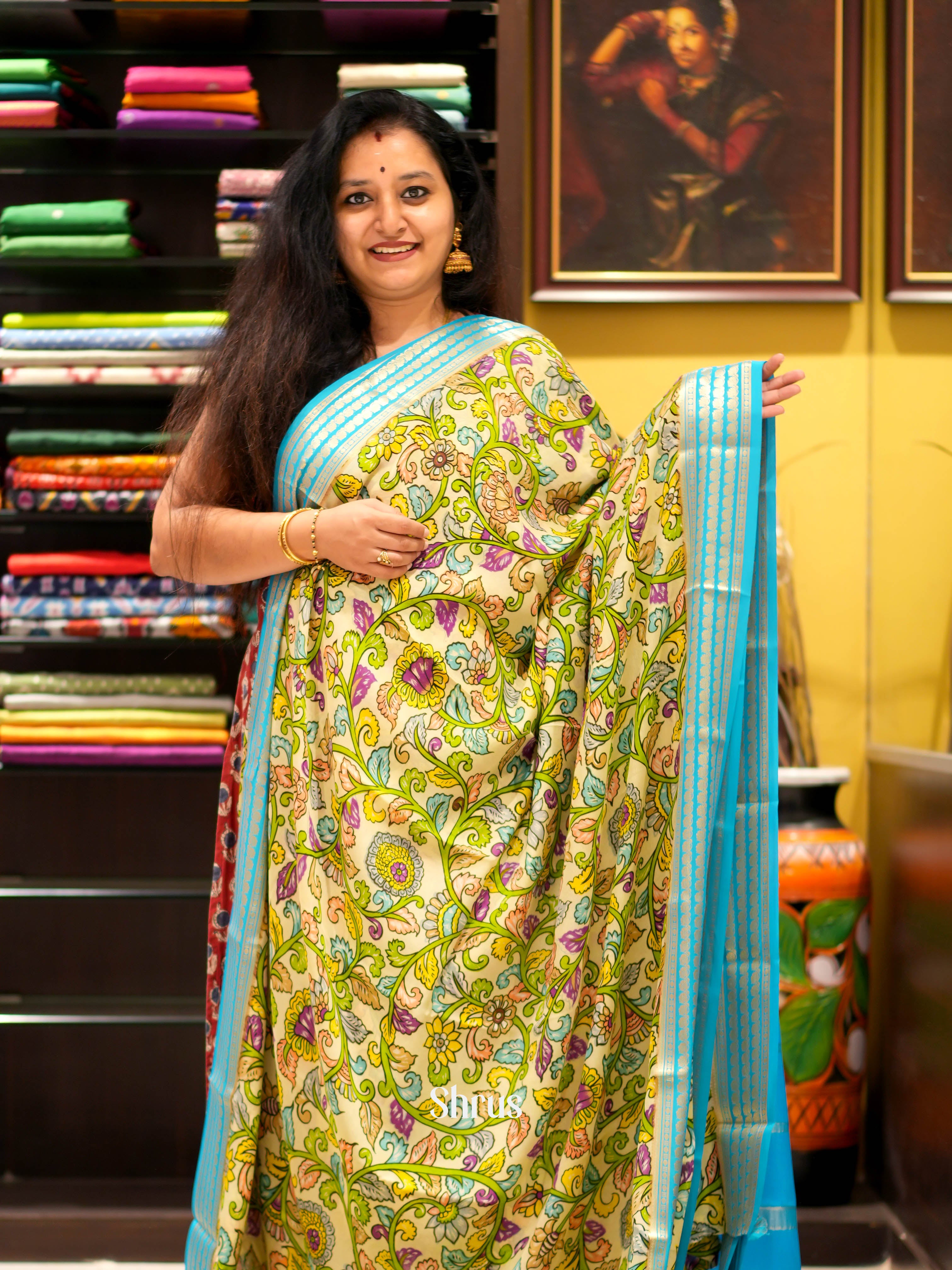 Beige & Teal - Mysore silk Saree - Shop on ShrusEternity.com