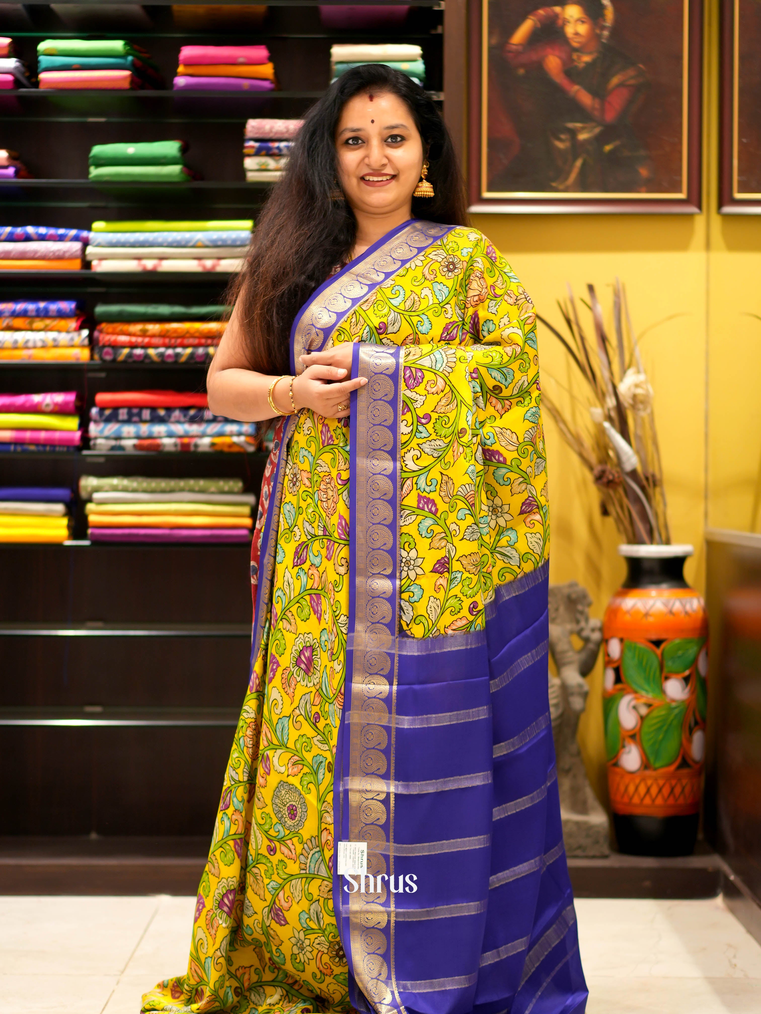 Yellow & Blue- Mysore silk Saree - Shop on ShrusEternity.com