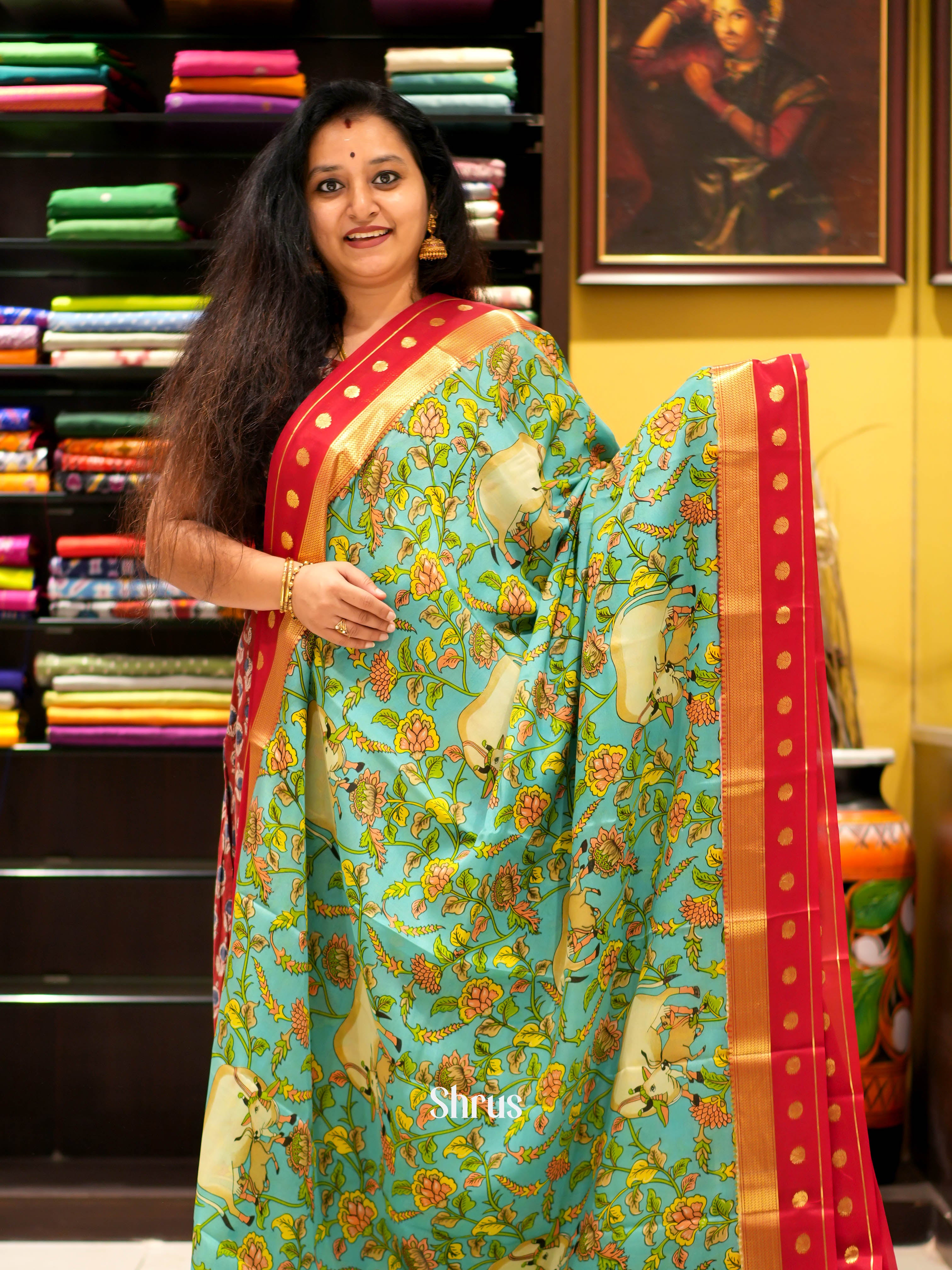 Teal Green & Red - Mysore silk Saree - Shop on ShrusEternity.com