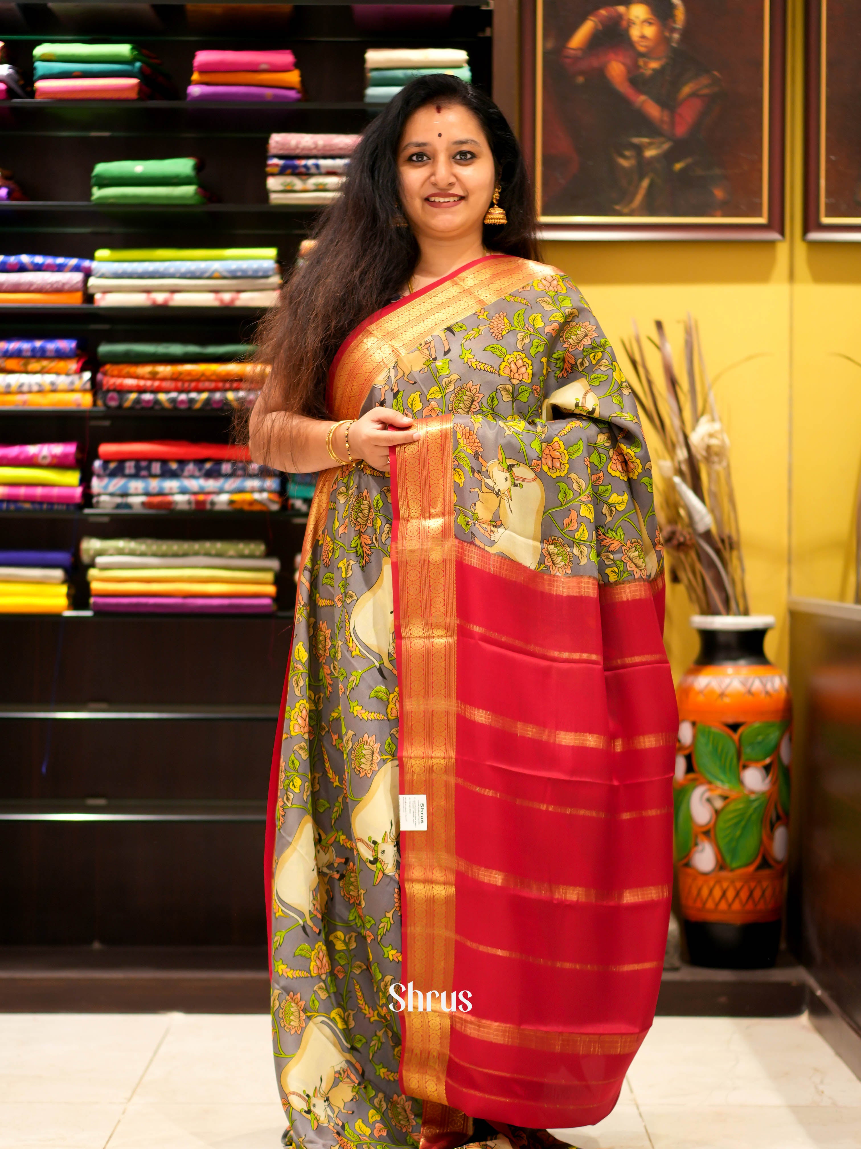 Grey & Red - Mysore silk Saree - Shop on ShrusEternity.com