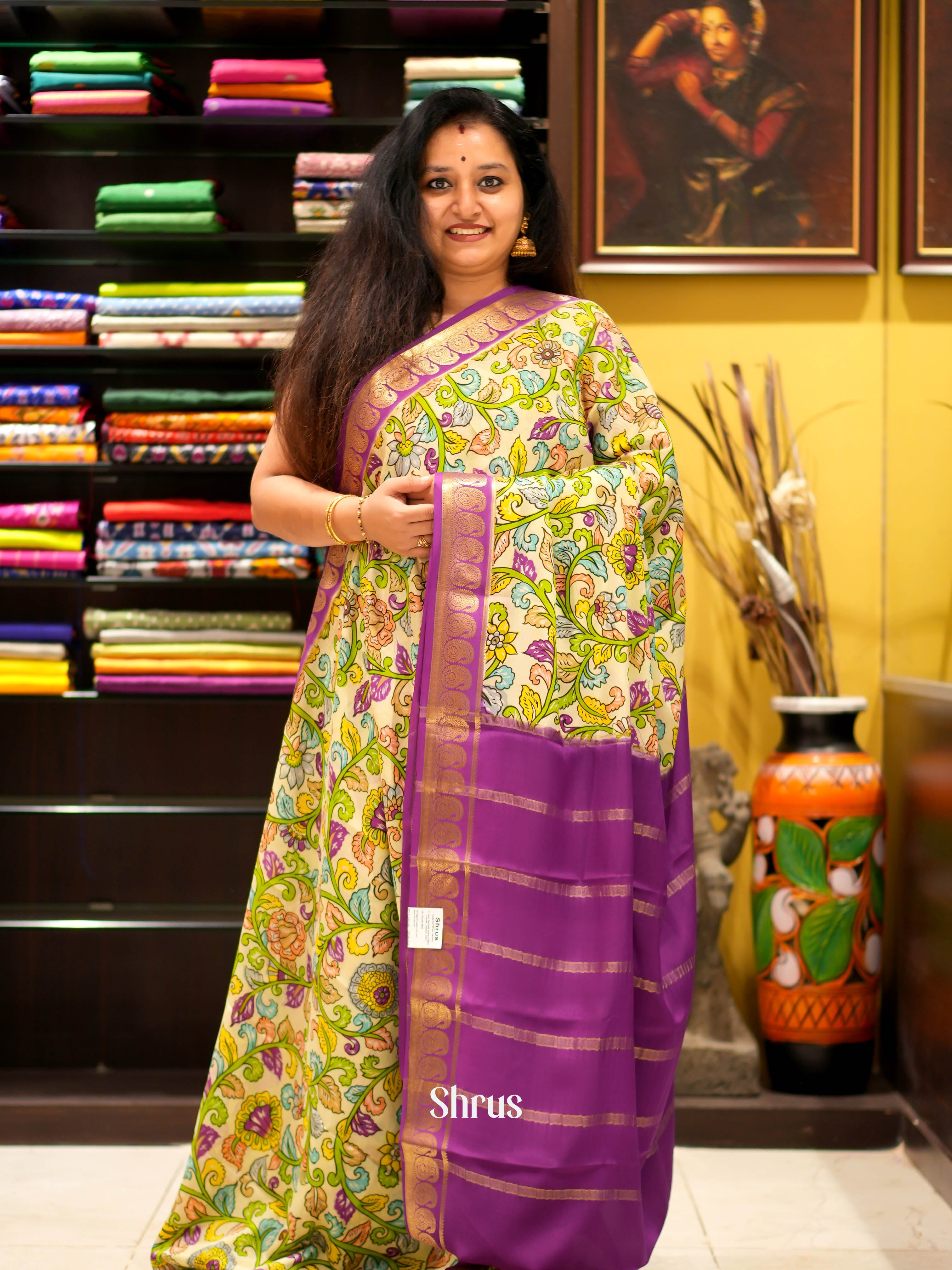 Beige & majenta - Mysore silk Saree - Shop on ShrusEternity.com