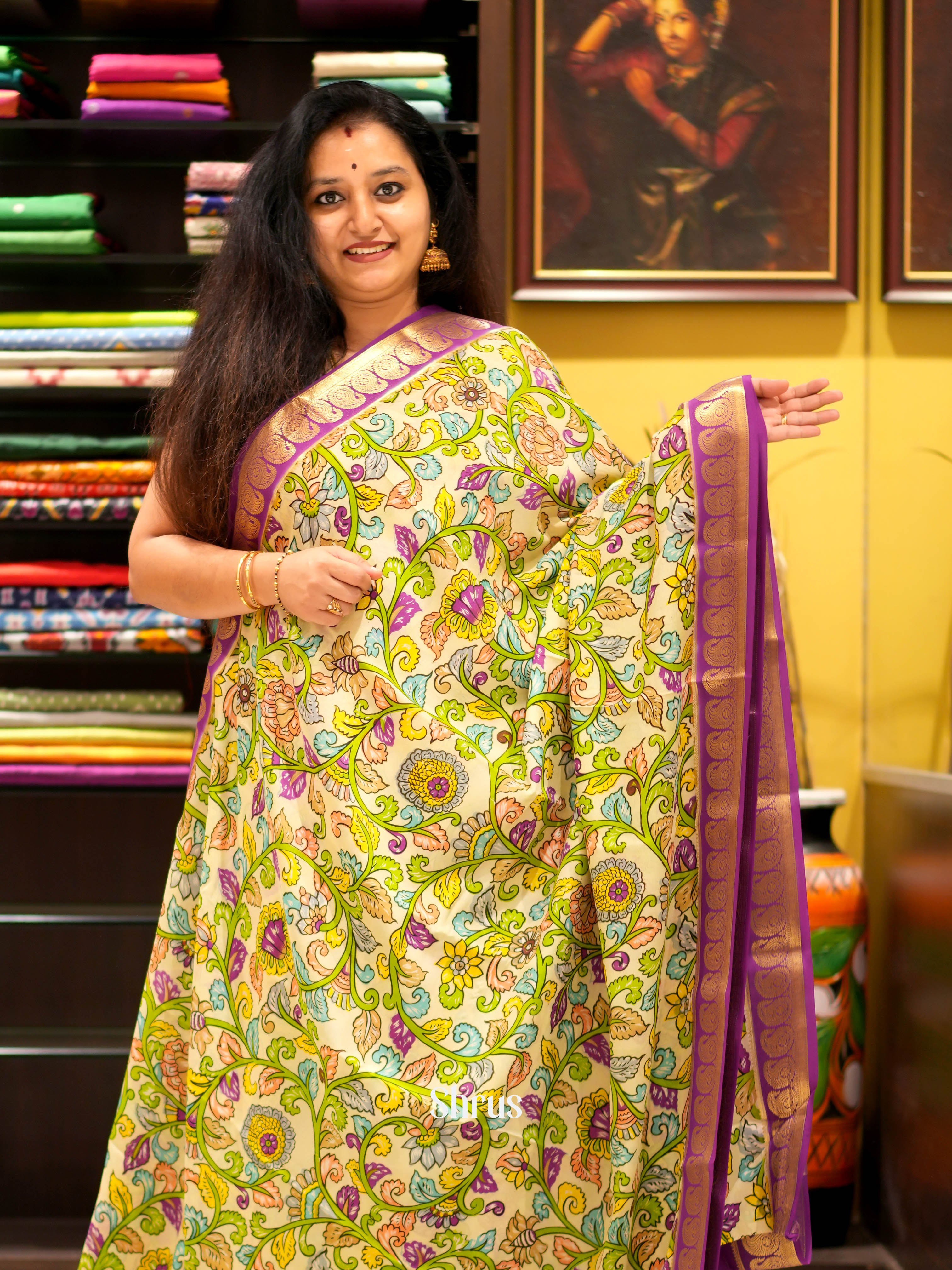 Beige & majenta - Mysore silk Saree - Shop on ShrusEternity.com