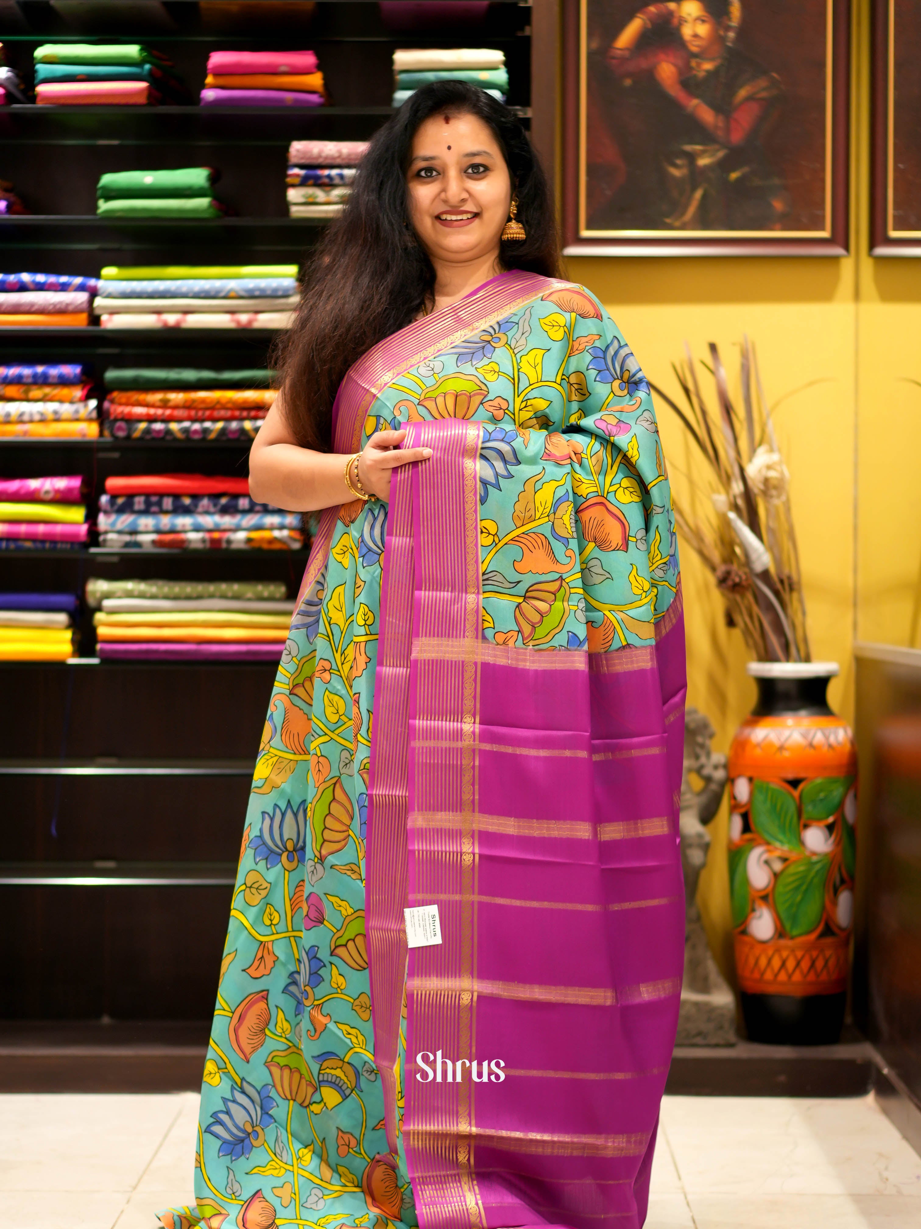 Green & Pink - Mysore silk Saree - Shop on ShrusEternity.com
